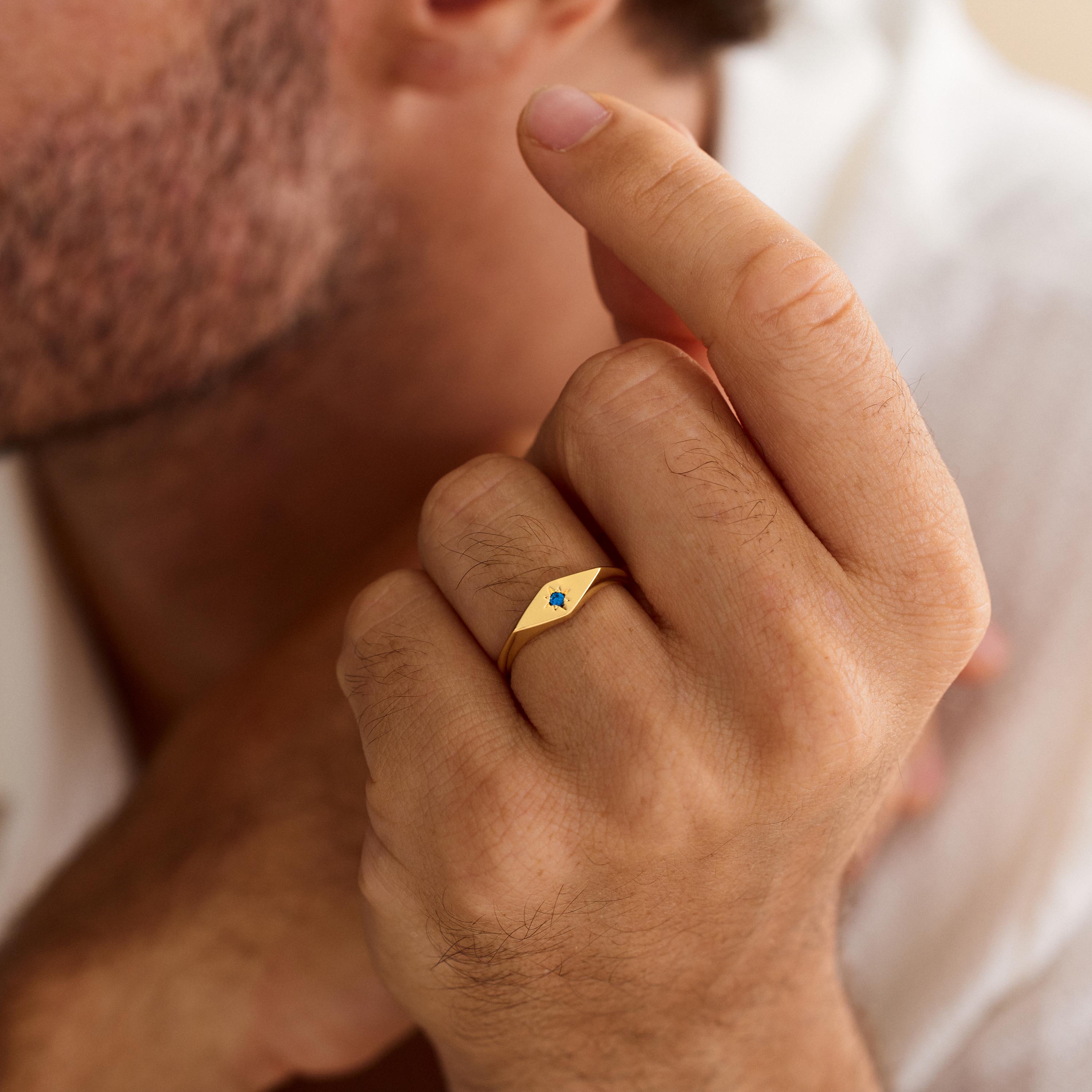 Birthstone Signet Ring With Star Setting for Men