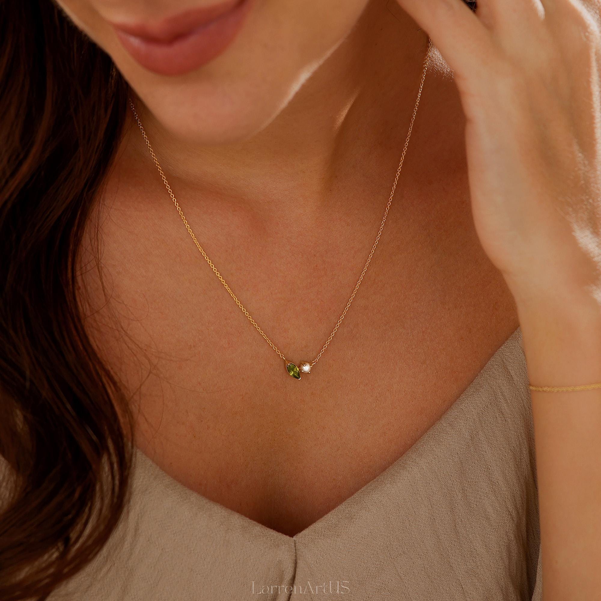 Marquise Birthstone and Pearl Necklace, Personalized Gemstone Pendant