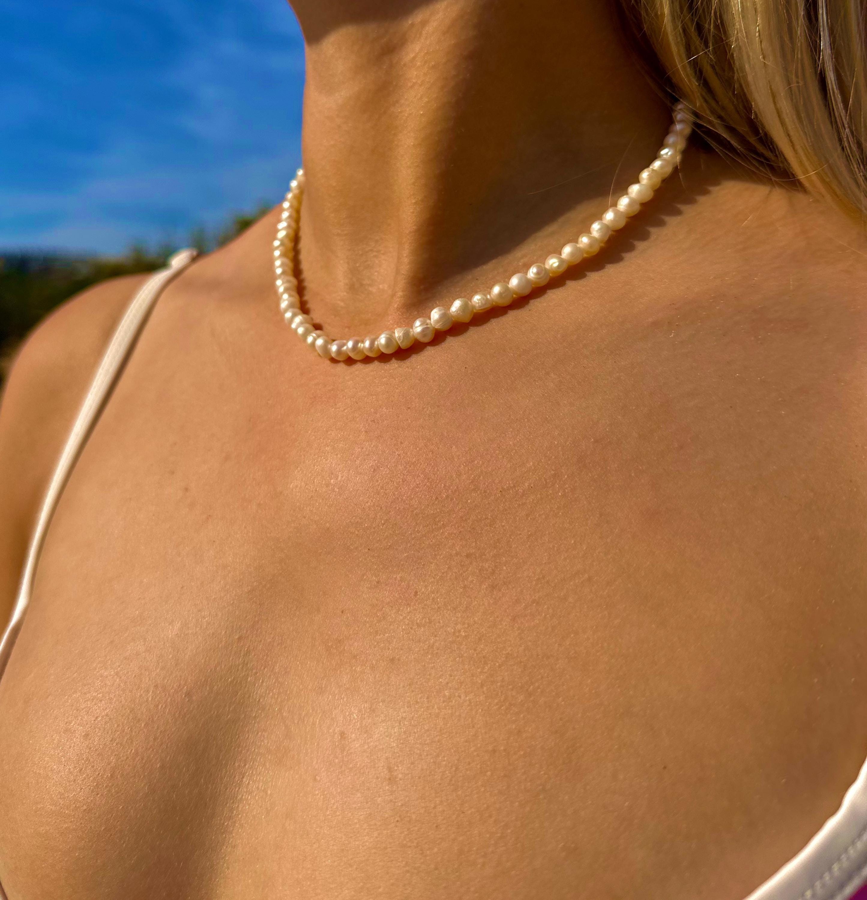 Natural Freshwater Pearl Necklace in Gold or Silver Stainless Steel