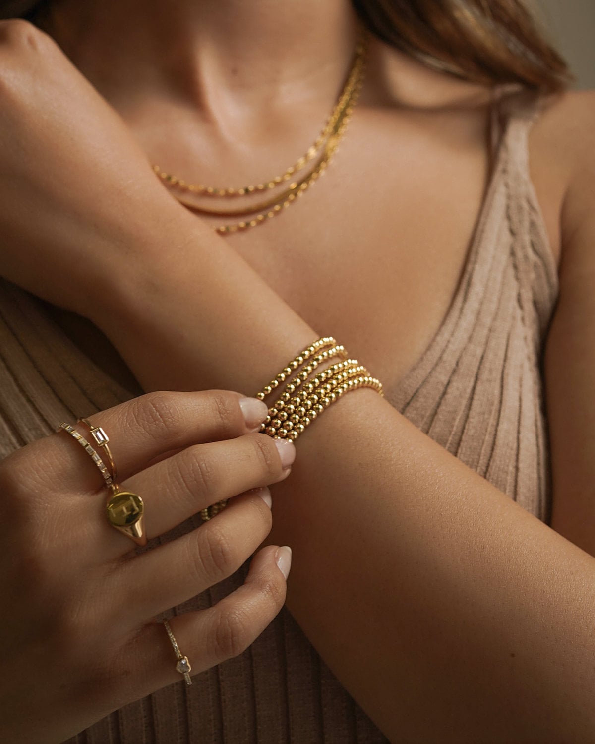 14K Gold 3 mm Bead Stretch Bracelet