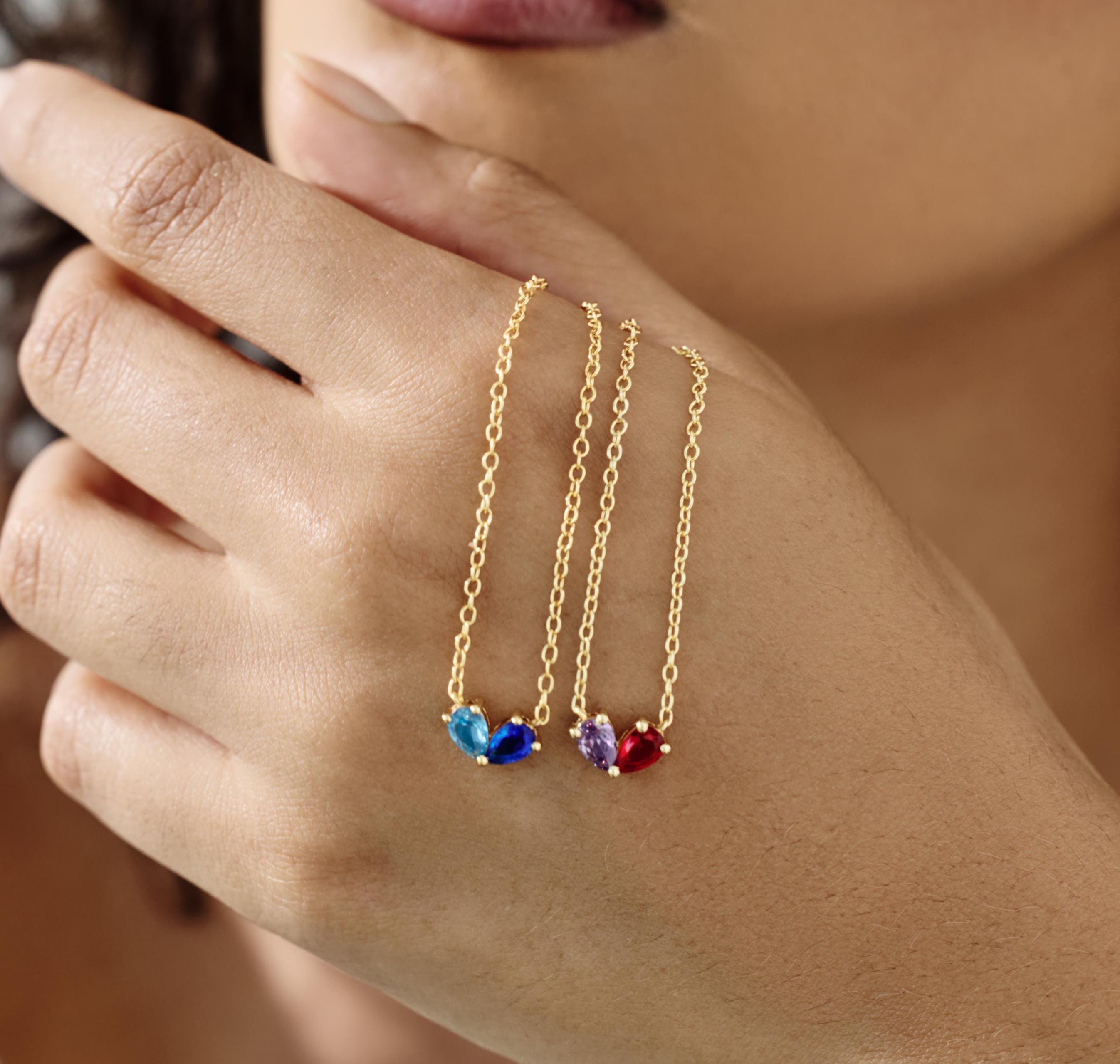 14K Gold Plated Couple Heart Birthstone Necklace with Two Teardrop Stones