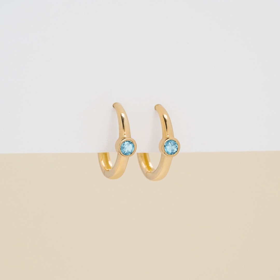 14K Solid Gold Aquamarine Huggie Hoop Earrings with Bezel Setting