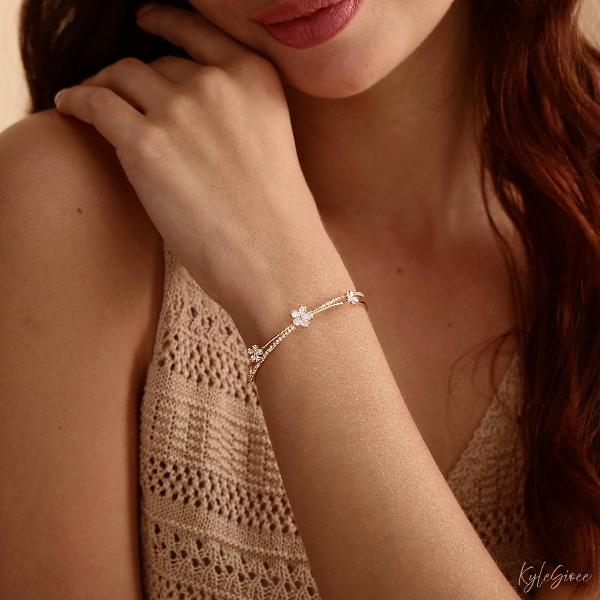 Minimalist Cubic Zirconia Flower Open Cuff Bangle