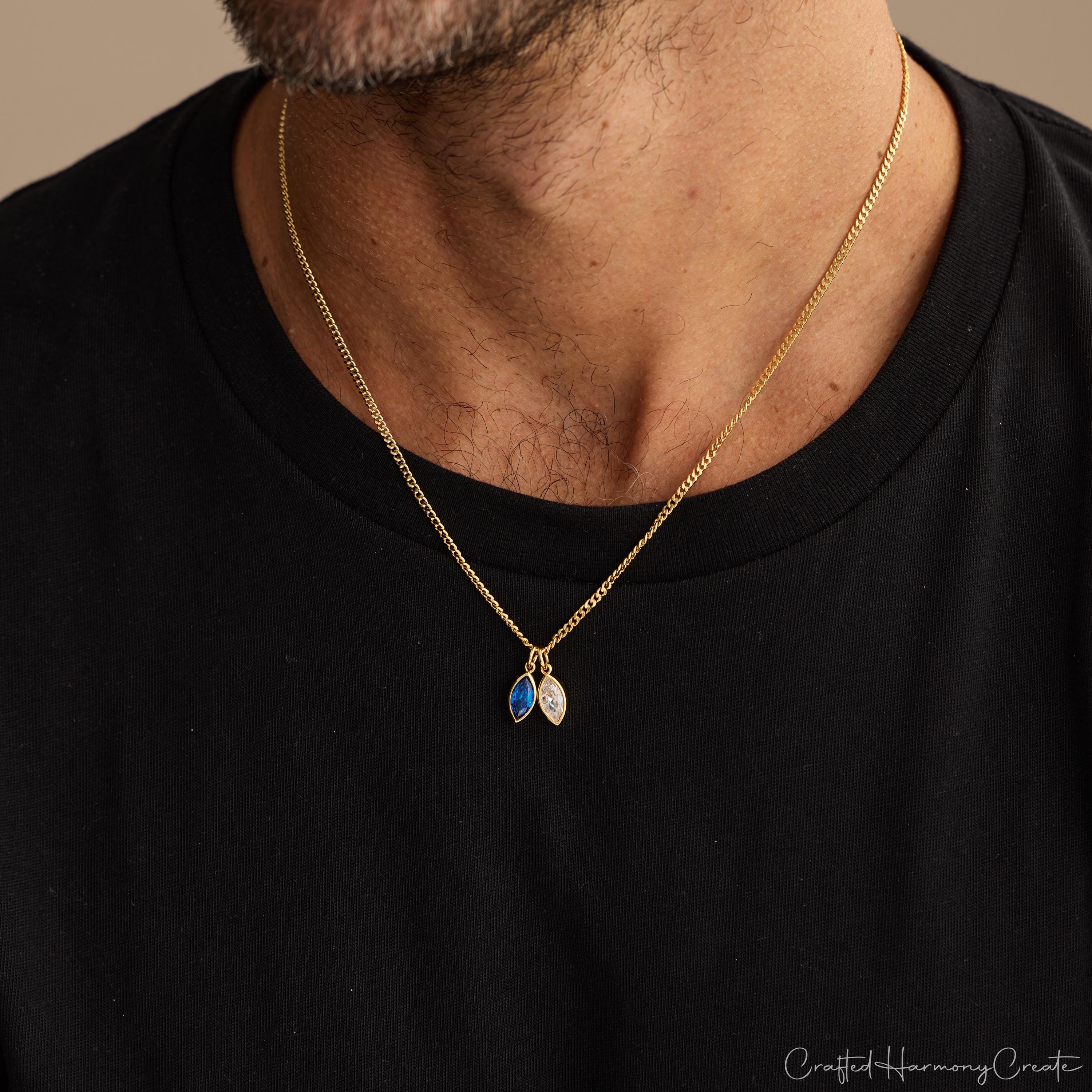 Custom Birthstone Necklace for Him with Leaf Pendant and Cubic Zirconia