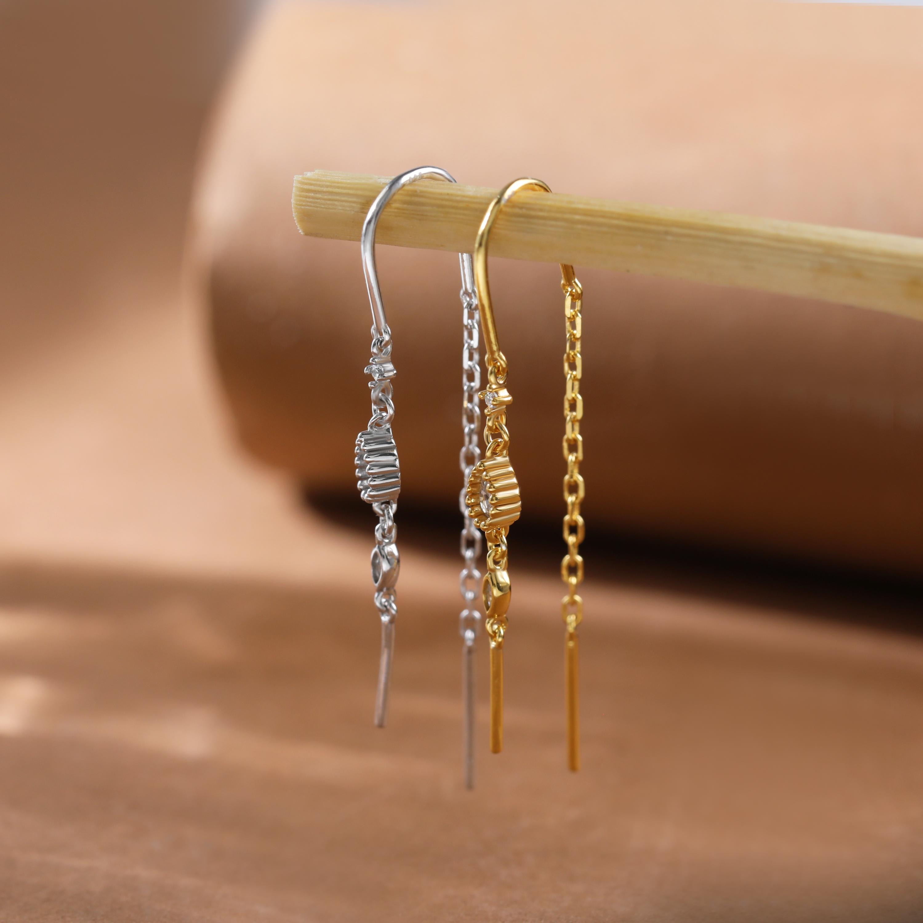 14K Gold Plated Threader Earring with Cubic Zirconia and Curved Bar