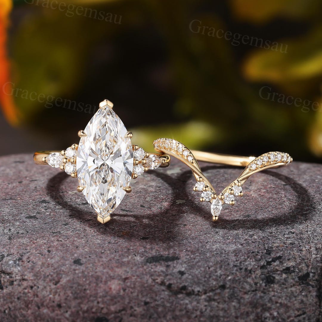 Marquise Lab Grown Diamond Bridal Set, Cluster Prong Filigree