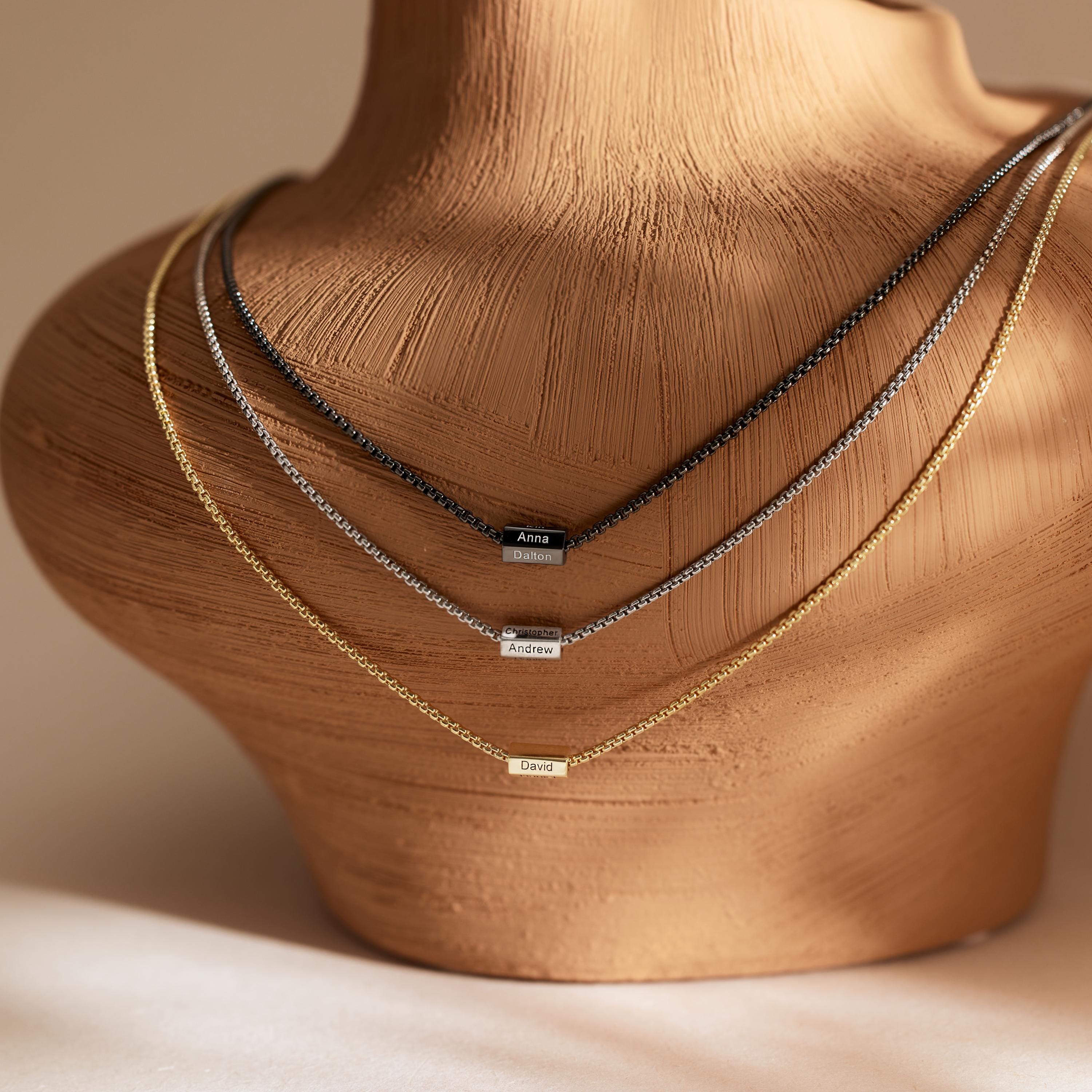 Custom Name Bar Necklace for Men with Copper Pendant and Engraved Names