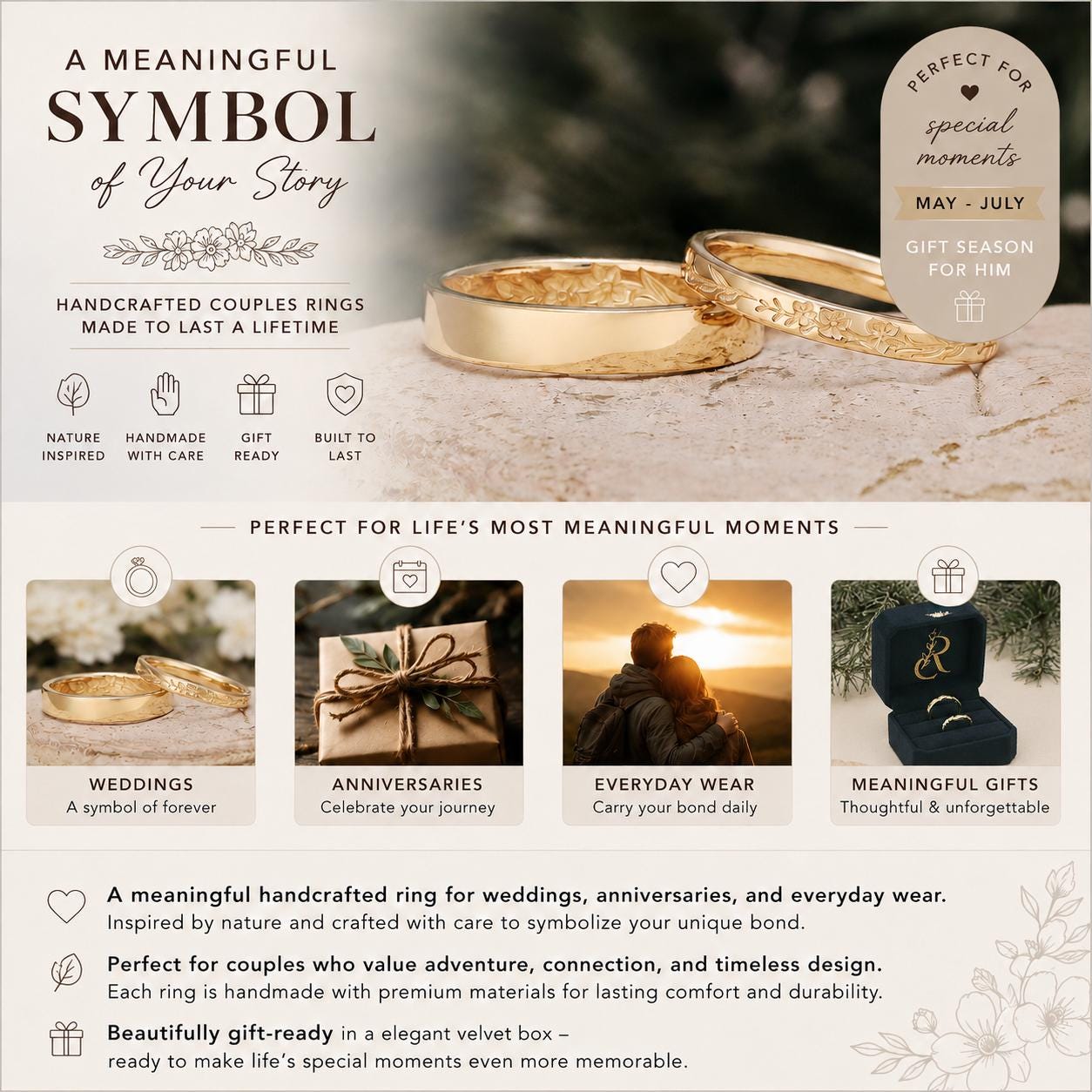 Engraved Floral Wedding Band Set for Couples