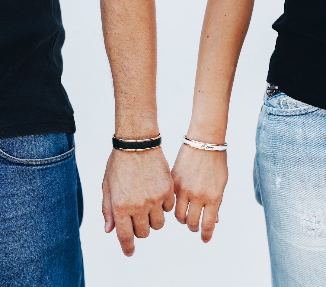 Personalized Leather and Stainless Steel Couple Cuff Bracelet Set