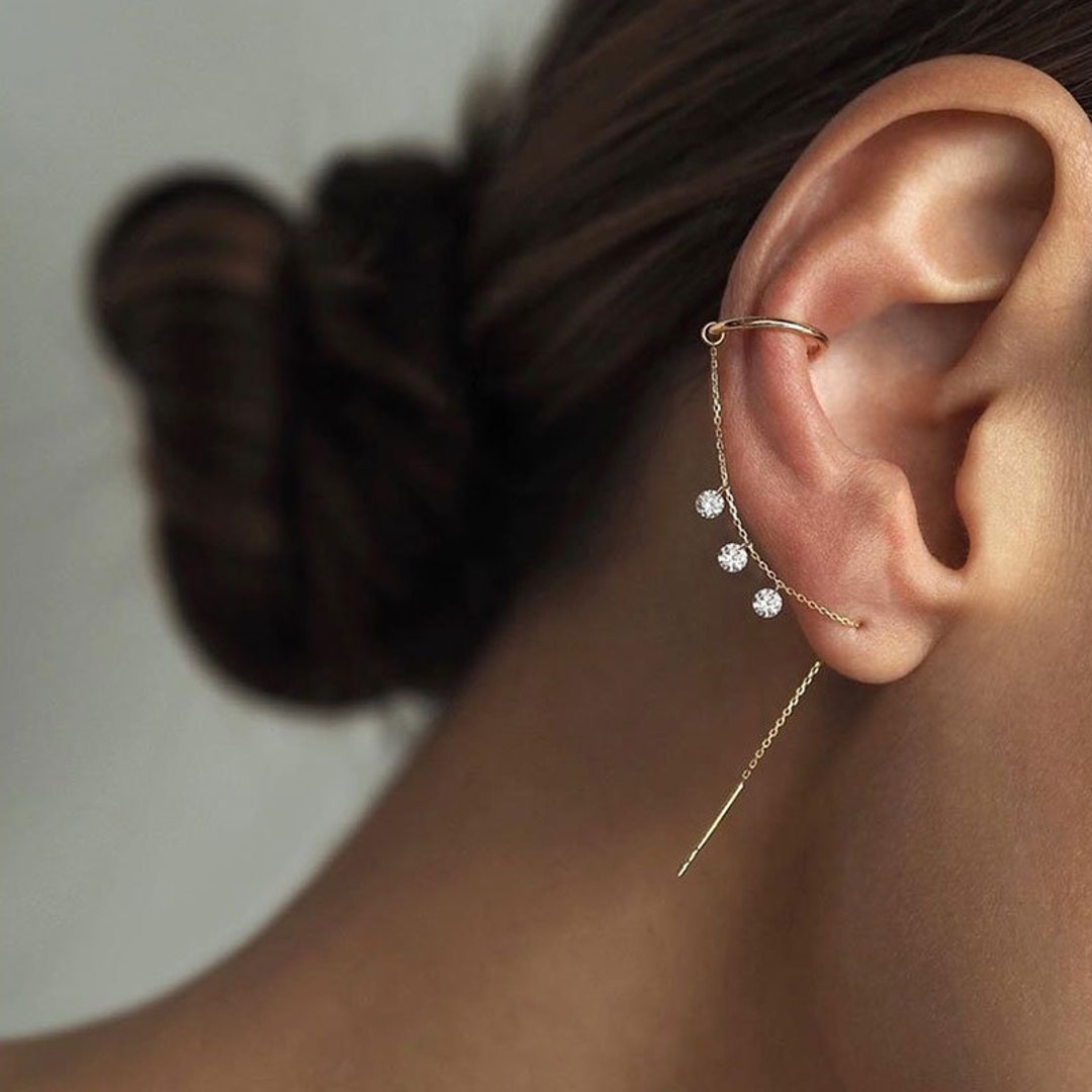 Minimalist Chain Cuff Ear Threader with Zircon Stud Earrings