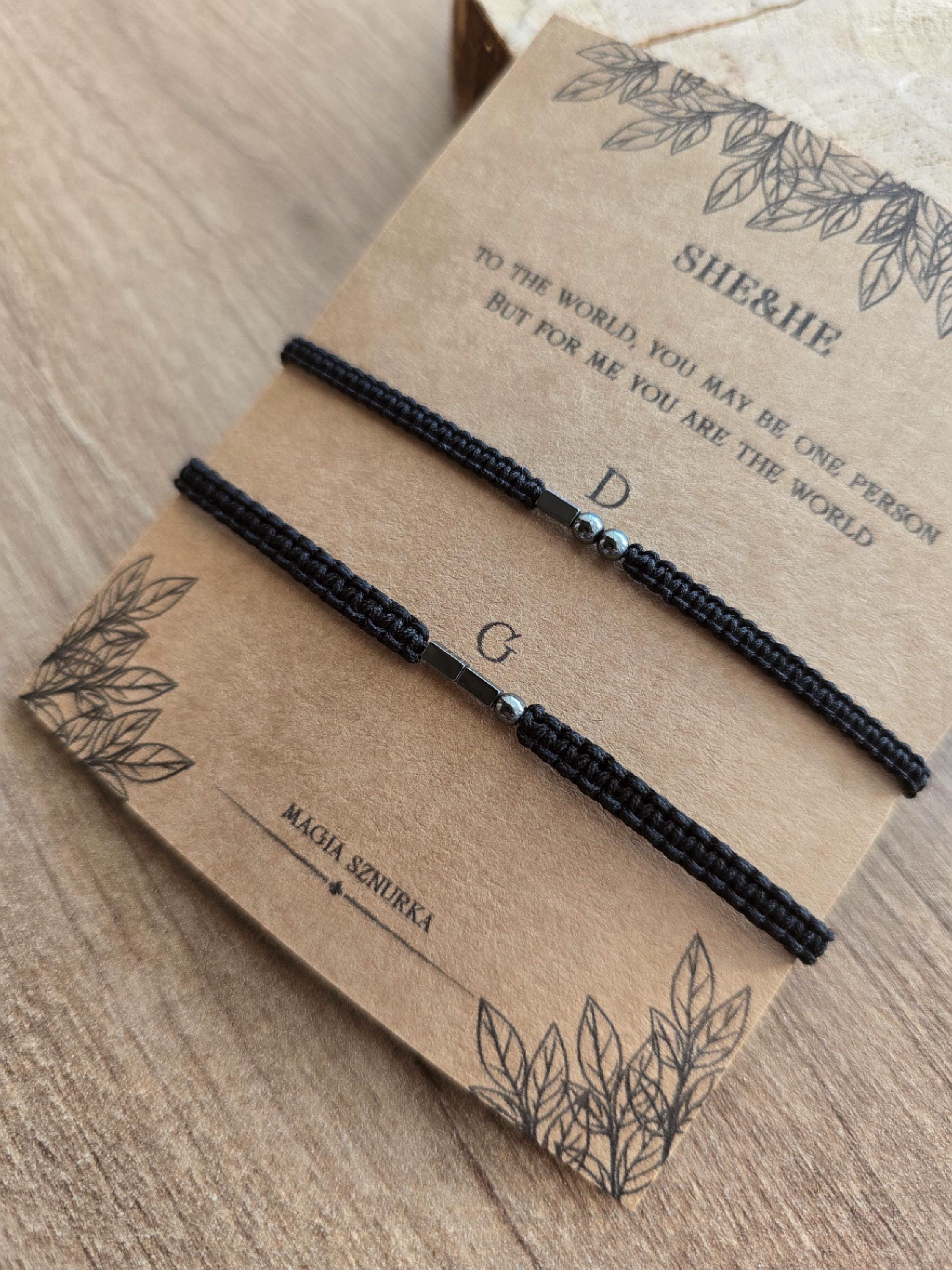 Initial Morse Code Couples Bracelet Set with Hematite Beads in Black Macrame
