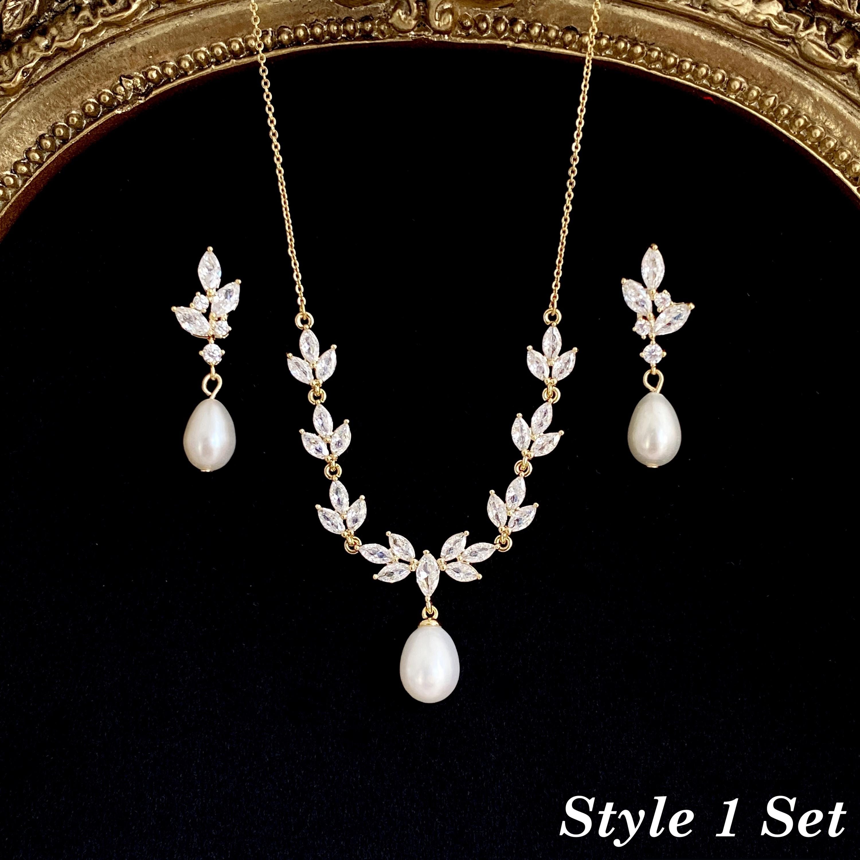 Gold Leaf and Freshwater Pearl Necklace with CZ Crystal Accent