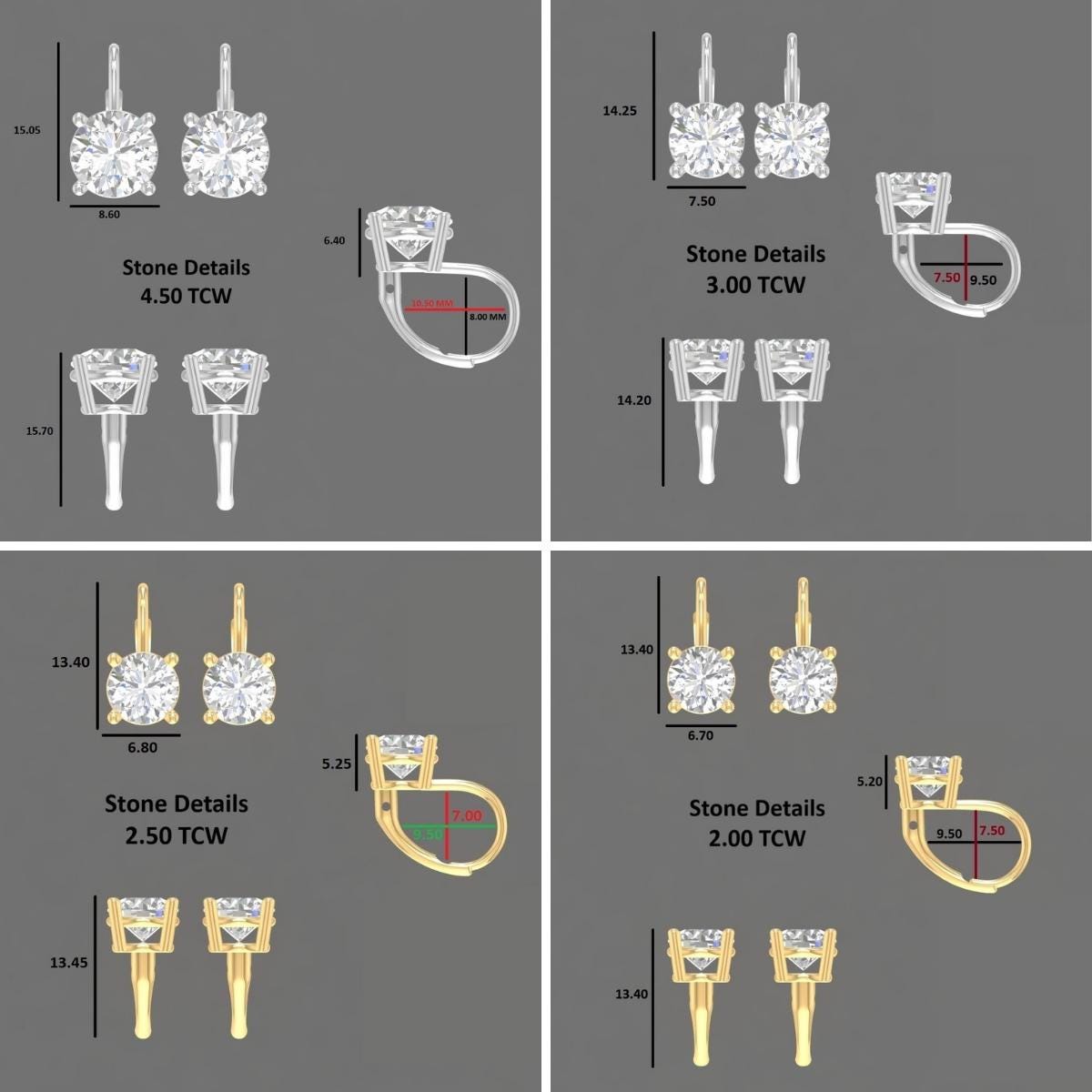 Round Cut Lab Diamond Drop Earrings in 14K Yellow Gold with Lever Backs