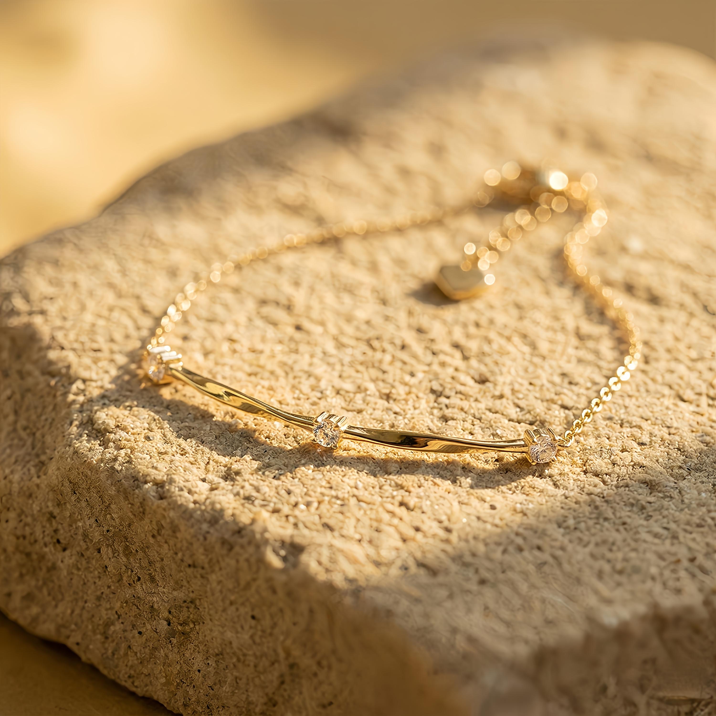 14K Gold Vermeil Gold Bar Bracelet with Three Clear Stones