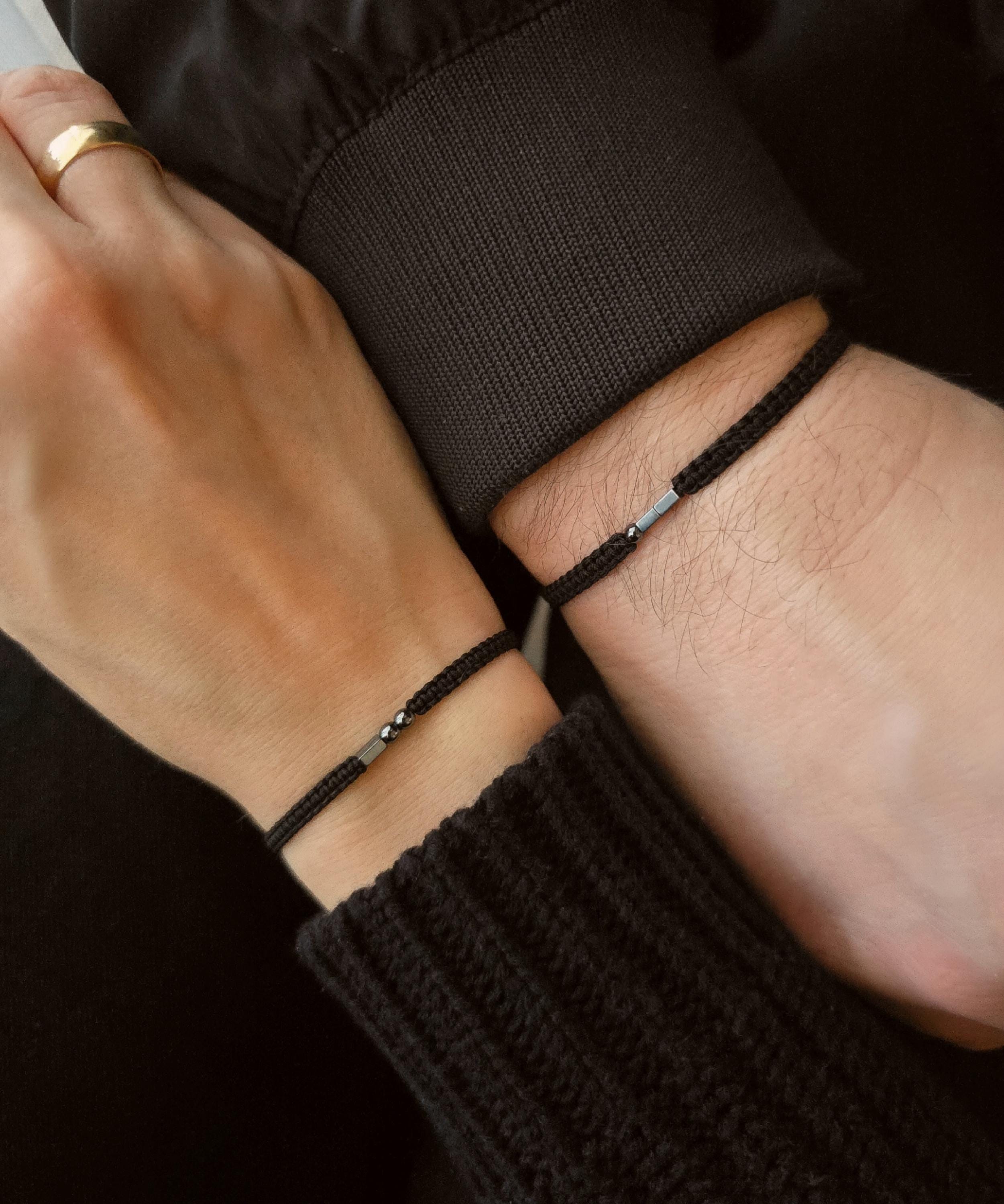 Initial Morse Code Couples Bracelet Set with Hematite Beads in Black Macrame