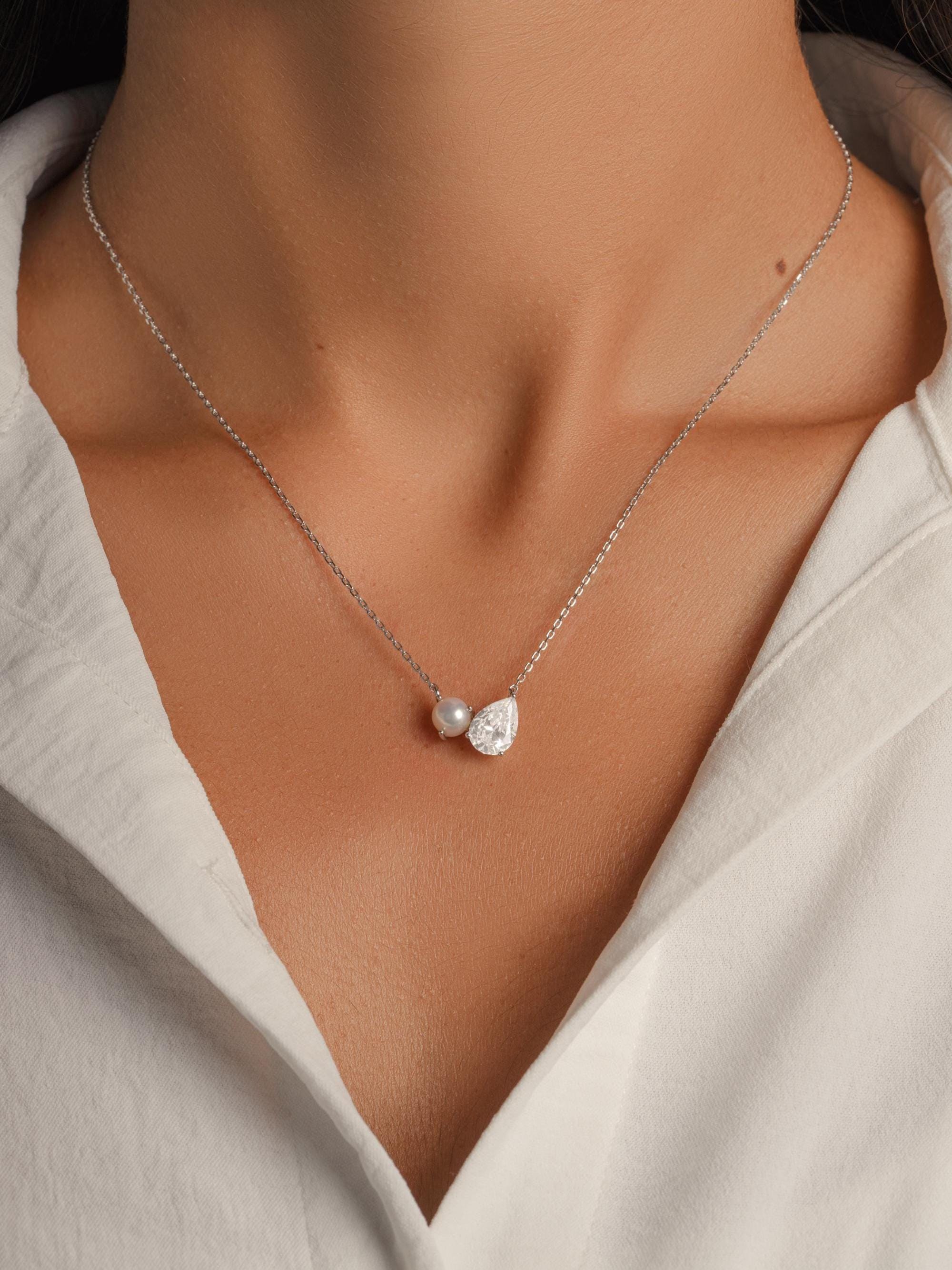 Toi et Moi Necklace with Freshwater Pearl and Pear Cut Stone