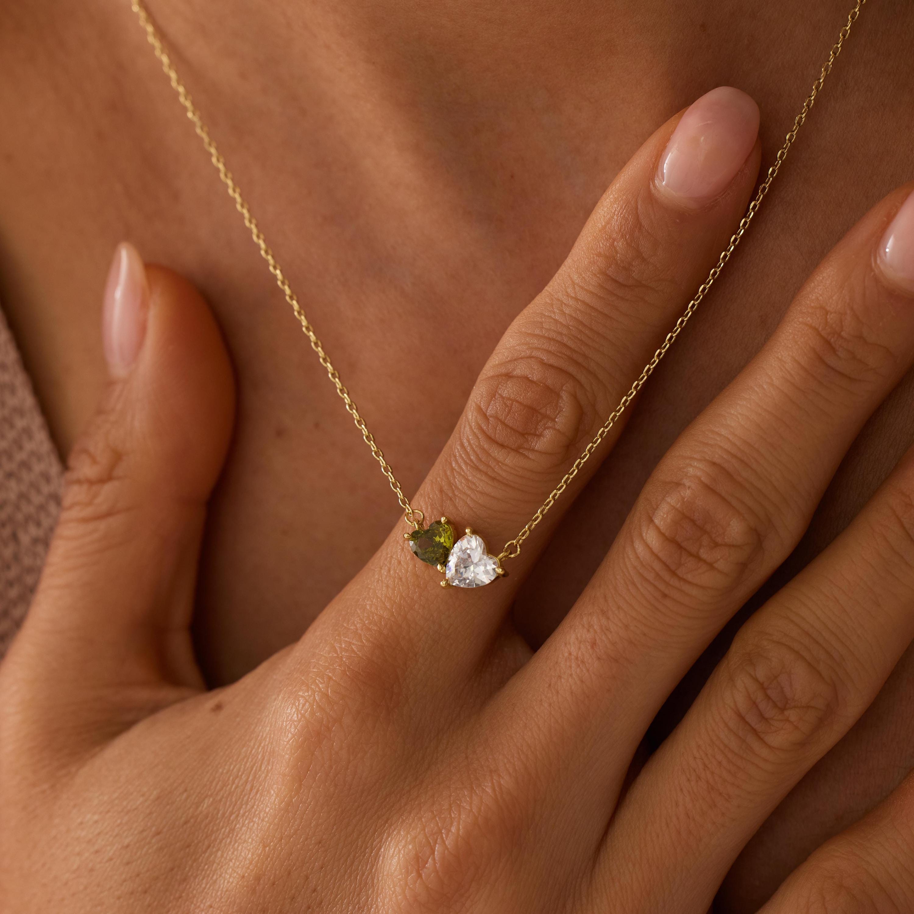 Two Heart Birthstone Necklace in 14K Gold Plating with Two Custom Months