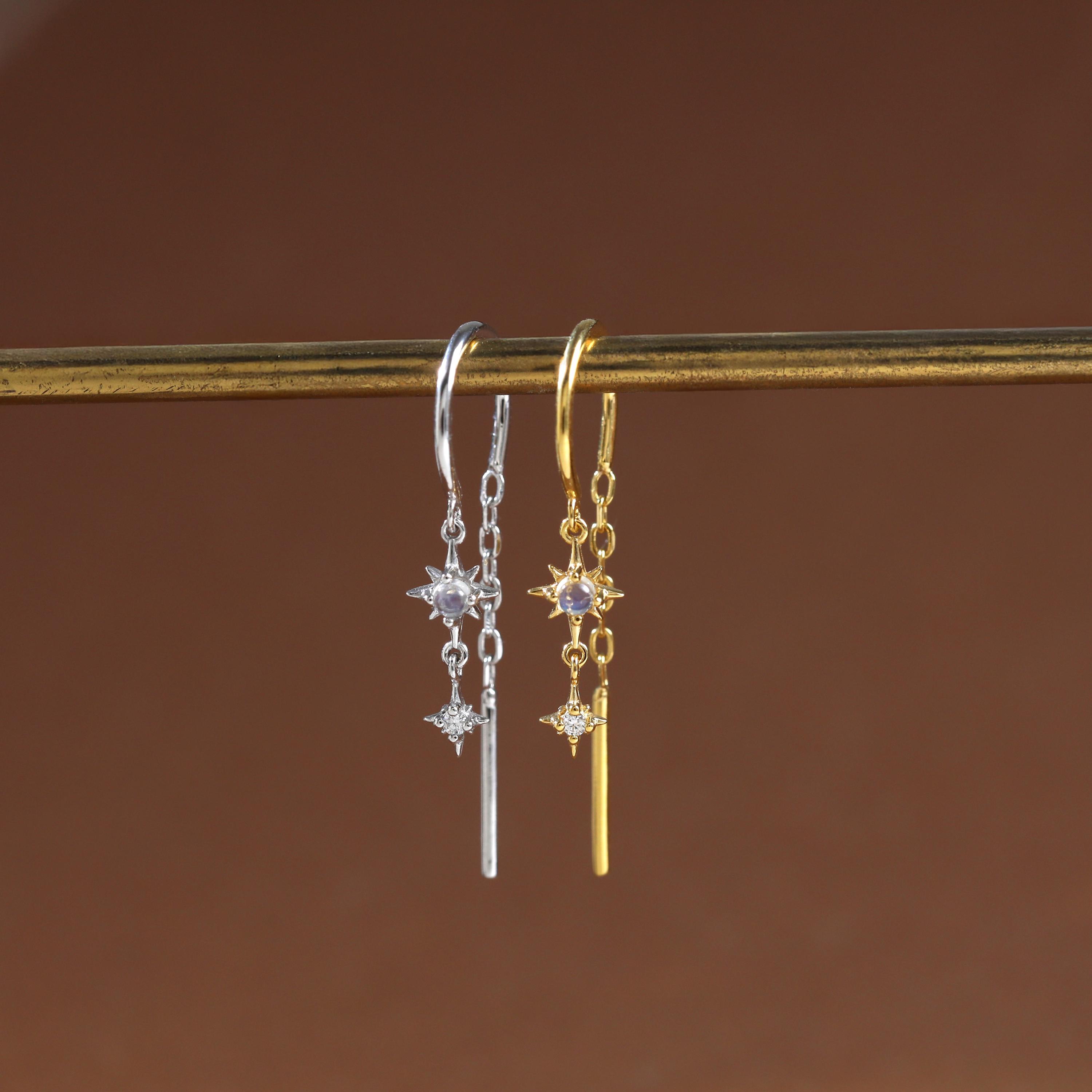 14K Gold Plated Moonstone and Moissanite Star Threader Earring