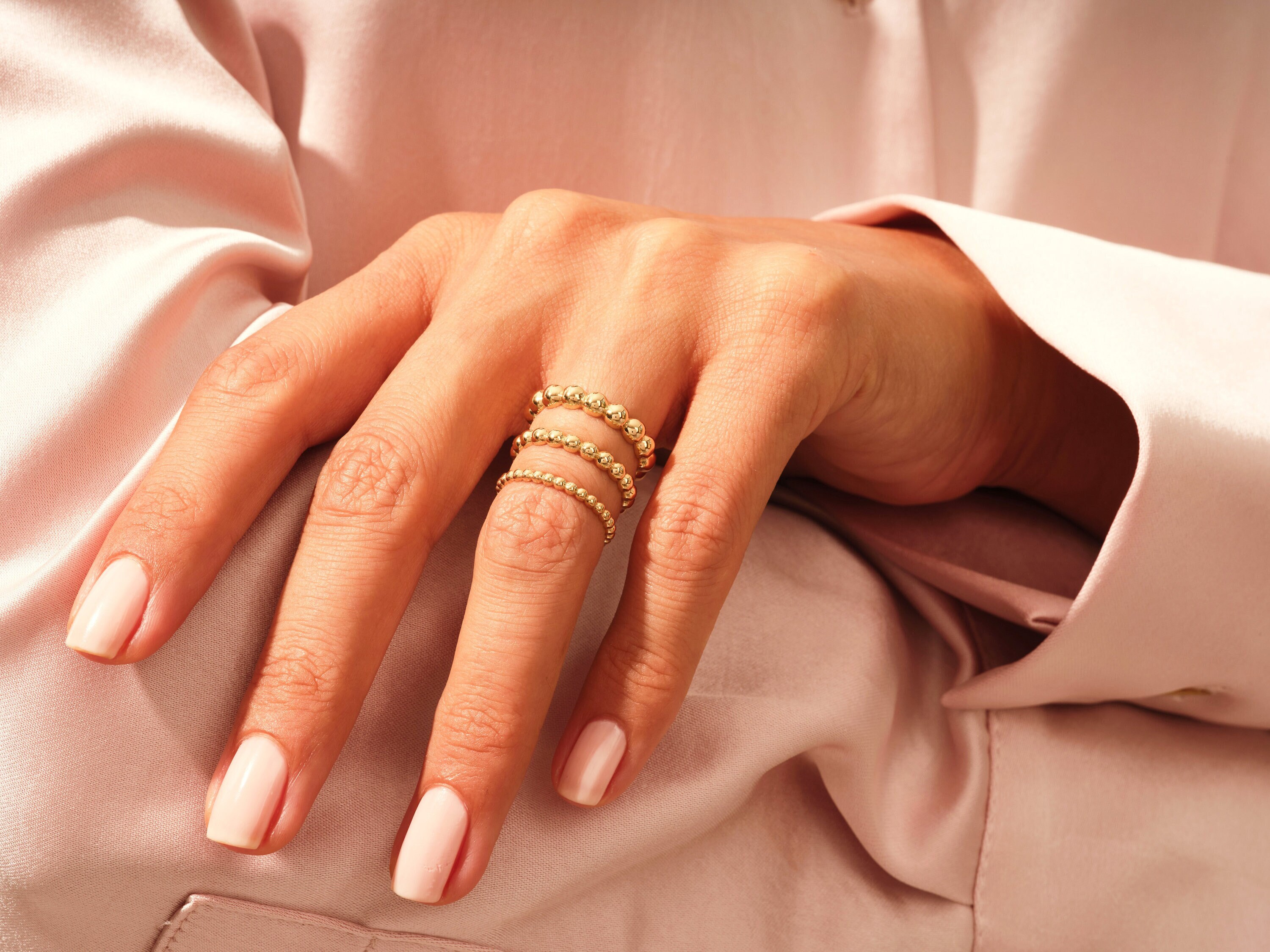 14K Gold Beaded Ring, Dainty Stacking Band 2mm 3mm 4mm