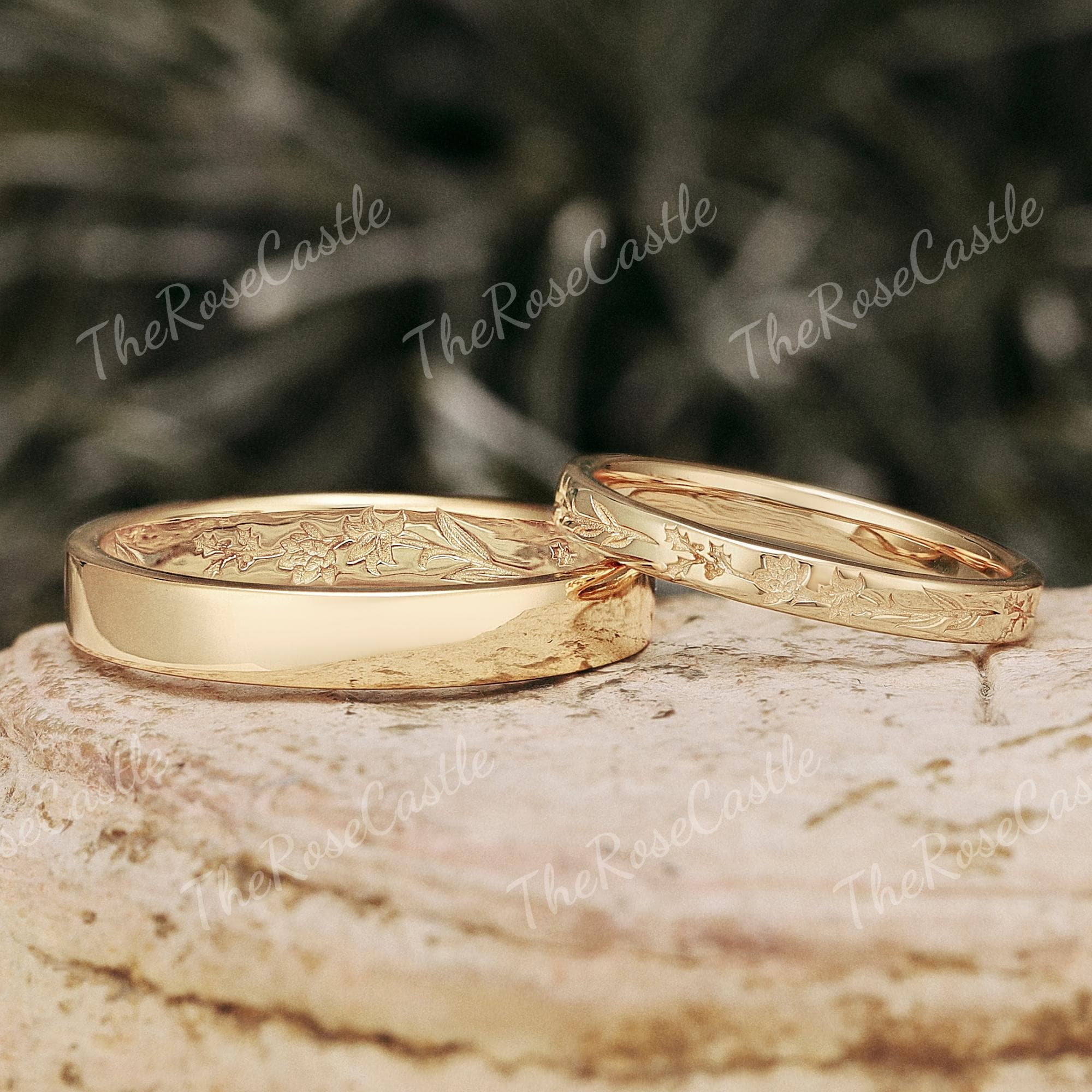 Floral Engraved Wedding Band Set, Matching Couple Bands