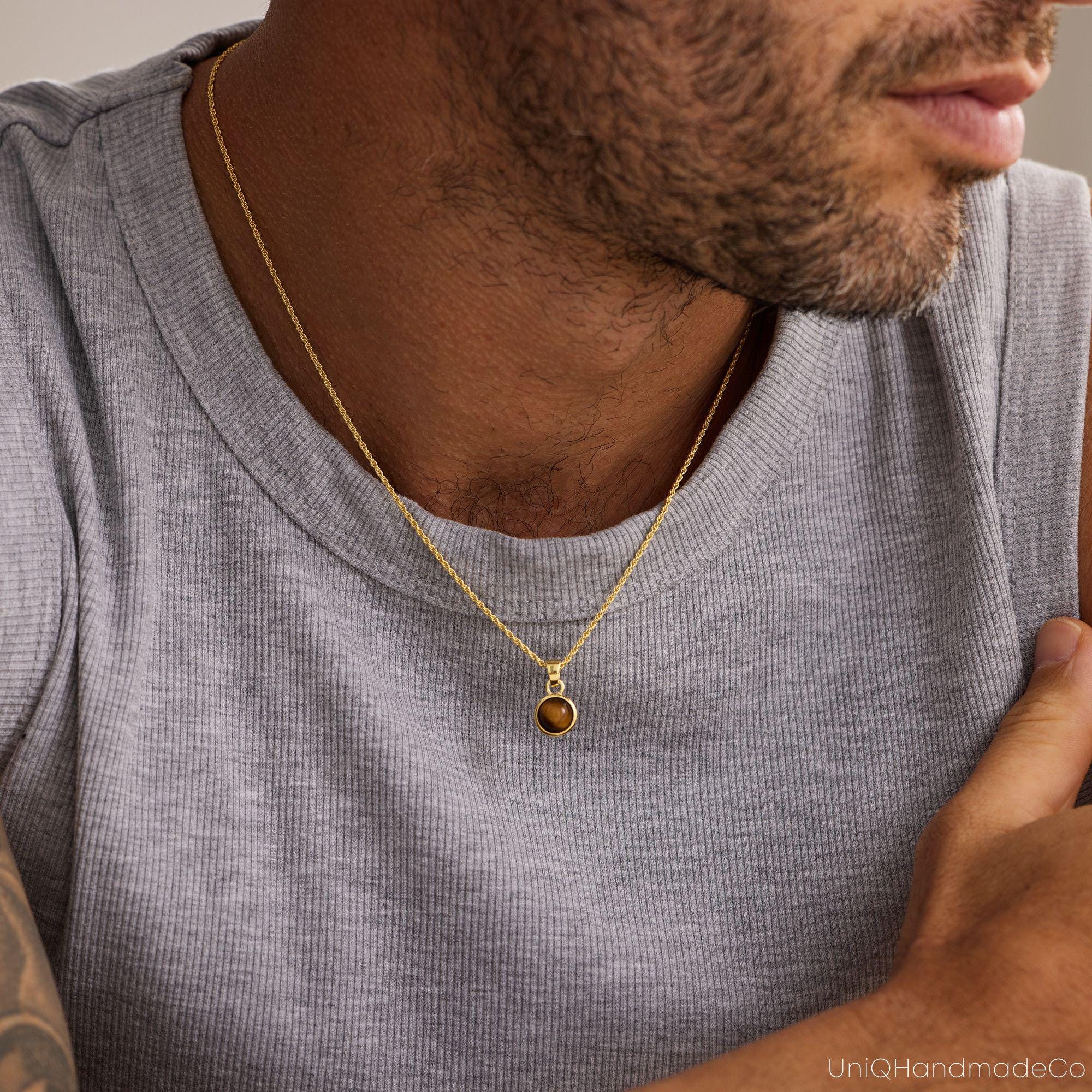 Men's Birthstone Necklace with Black Onyx or Tiger Eye on a Curb Chain