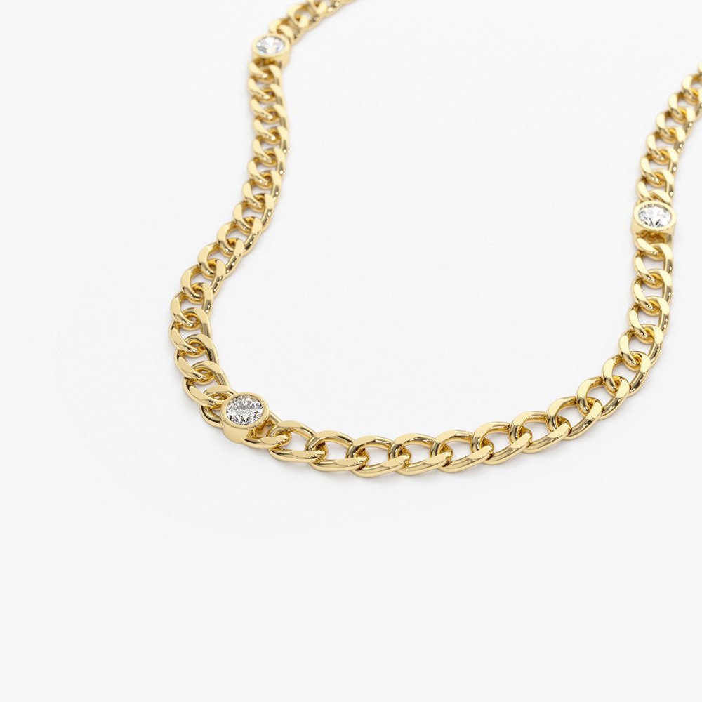 14K Gold Curb Link Chain Necklace with Bezel Set Solitaire Diamond