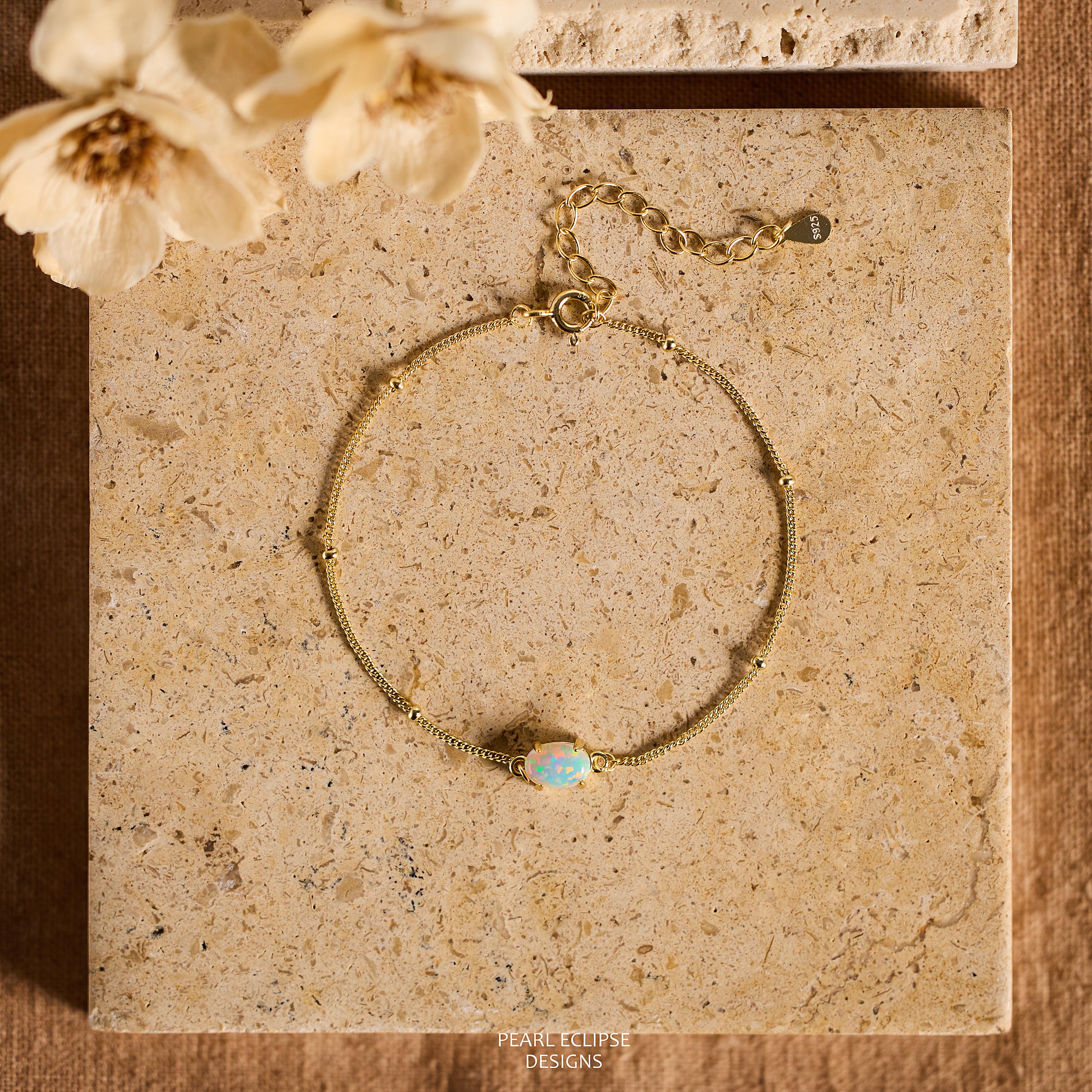 Dainty Natural Opal Bracelet on a Minimalist Gold Beaded Chain