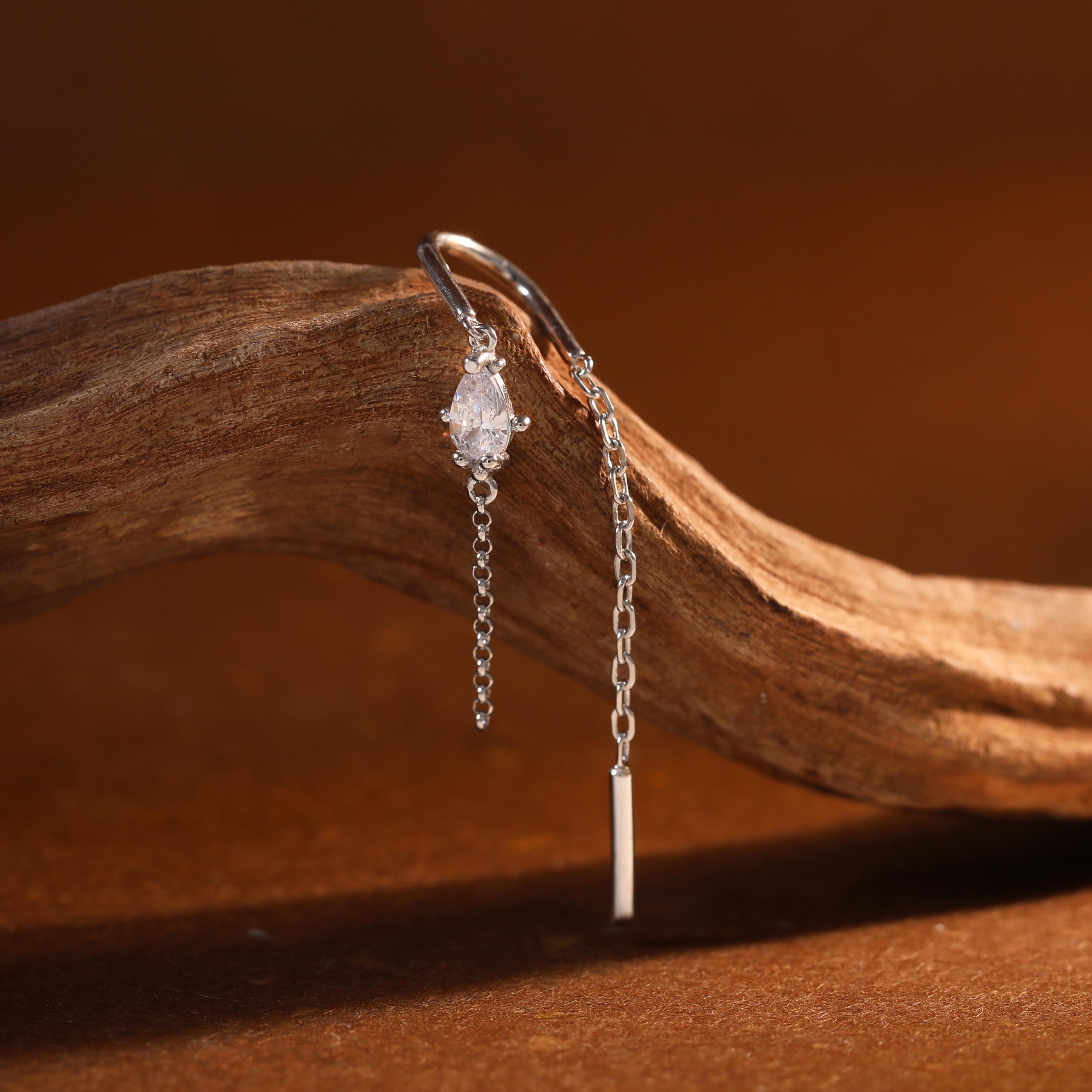 Sterling Silver Teardrop Threader Earrings with Pear Cut Zircon