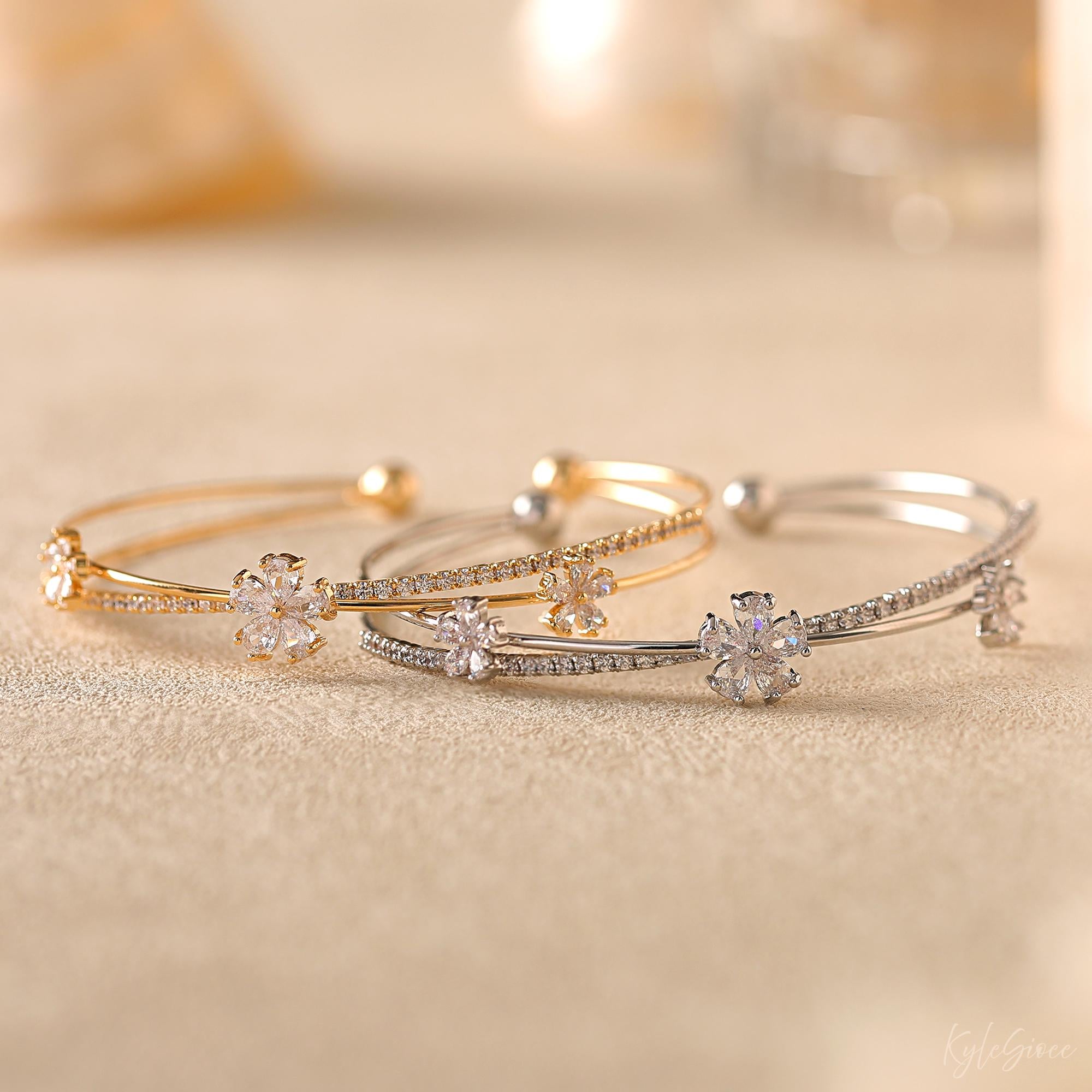 Minimalist Cubic Zirconia Flower Open Cuff Bangle