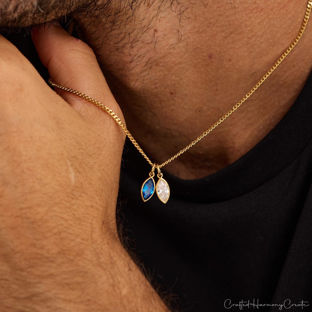 Custom Birthstone Necklace for Him with Leaf Pendant and Cubic Zirconia