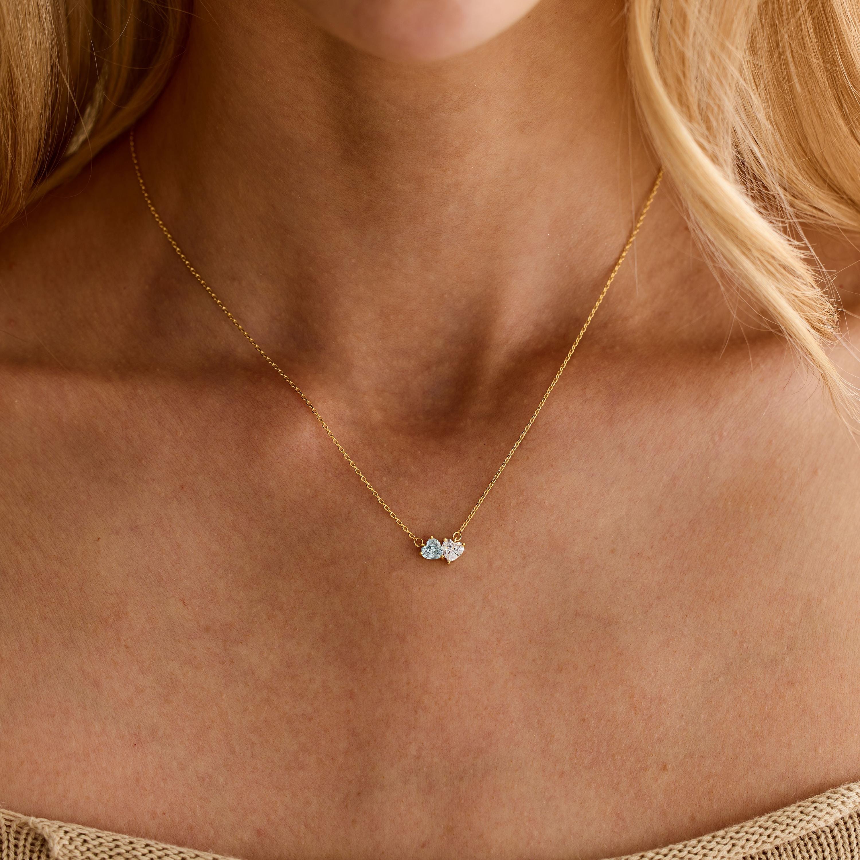 Dainty Two Heart Birthstone Couple Necklace in Gold Plated Brass