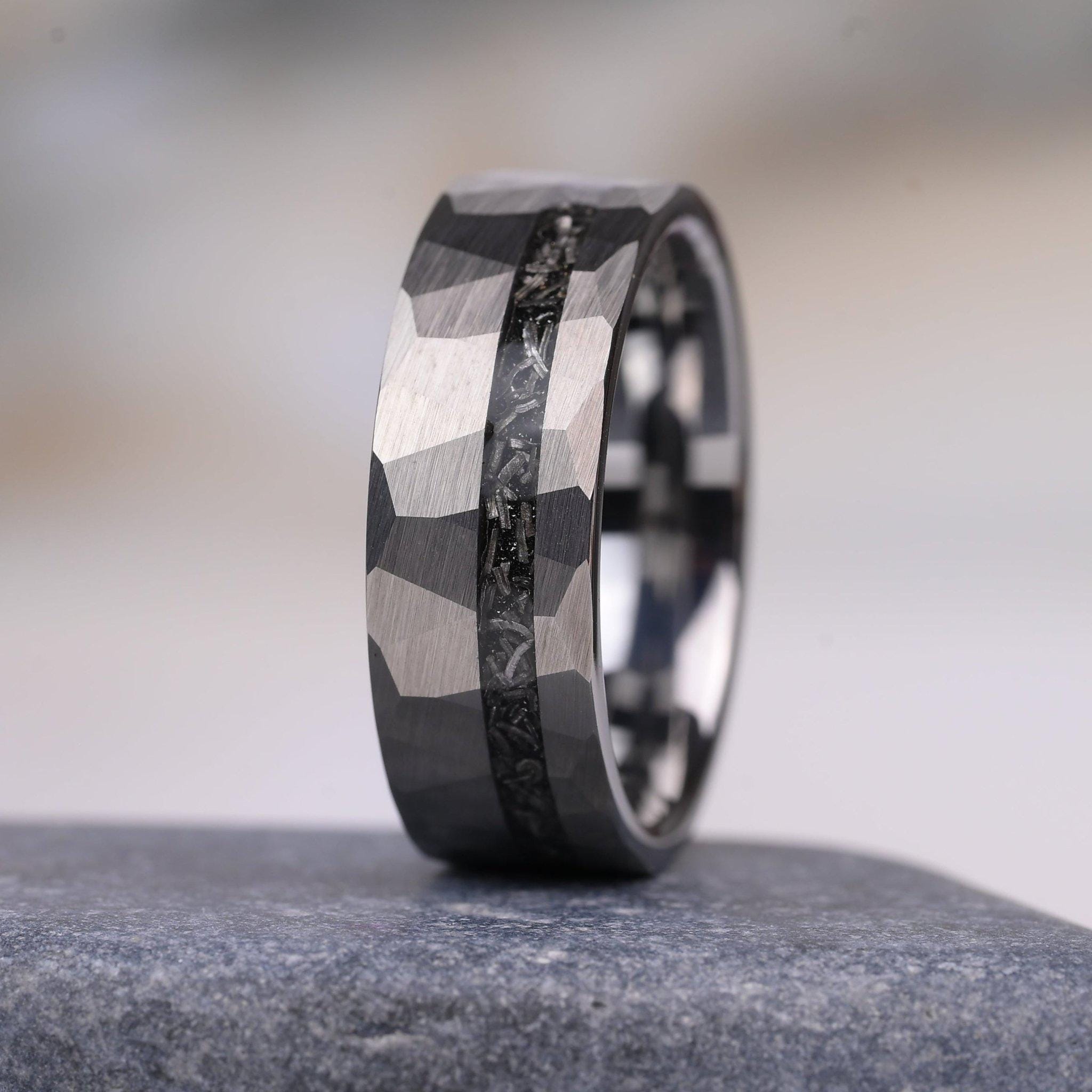 Hammered Meteorite Tungsten Couple Ring Set, 8mm and 4mm