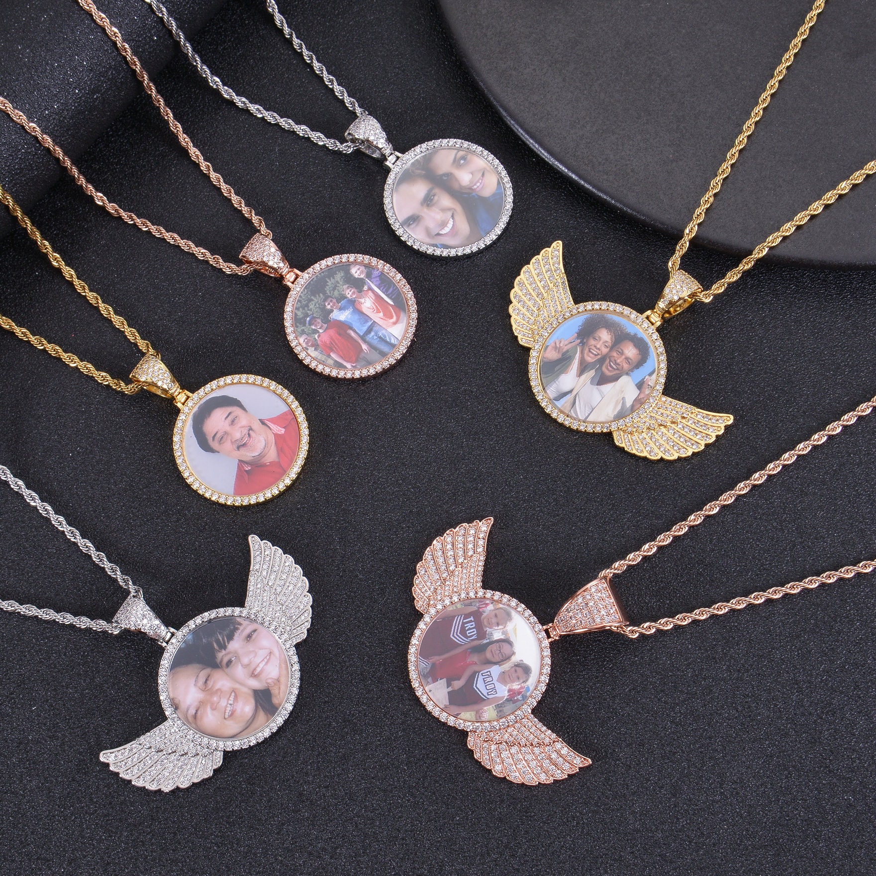 Personalized Angel Wings Photo Pendant Necklace with Diamond Detailing