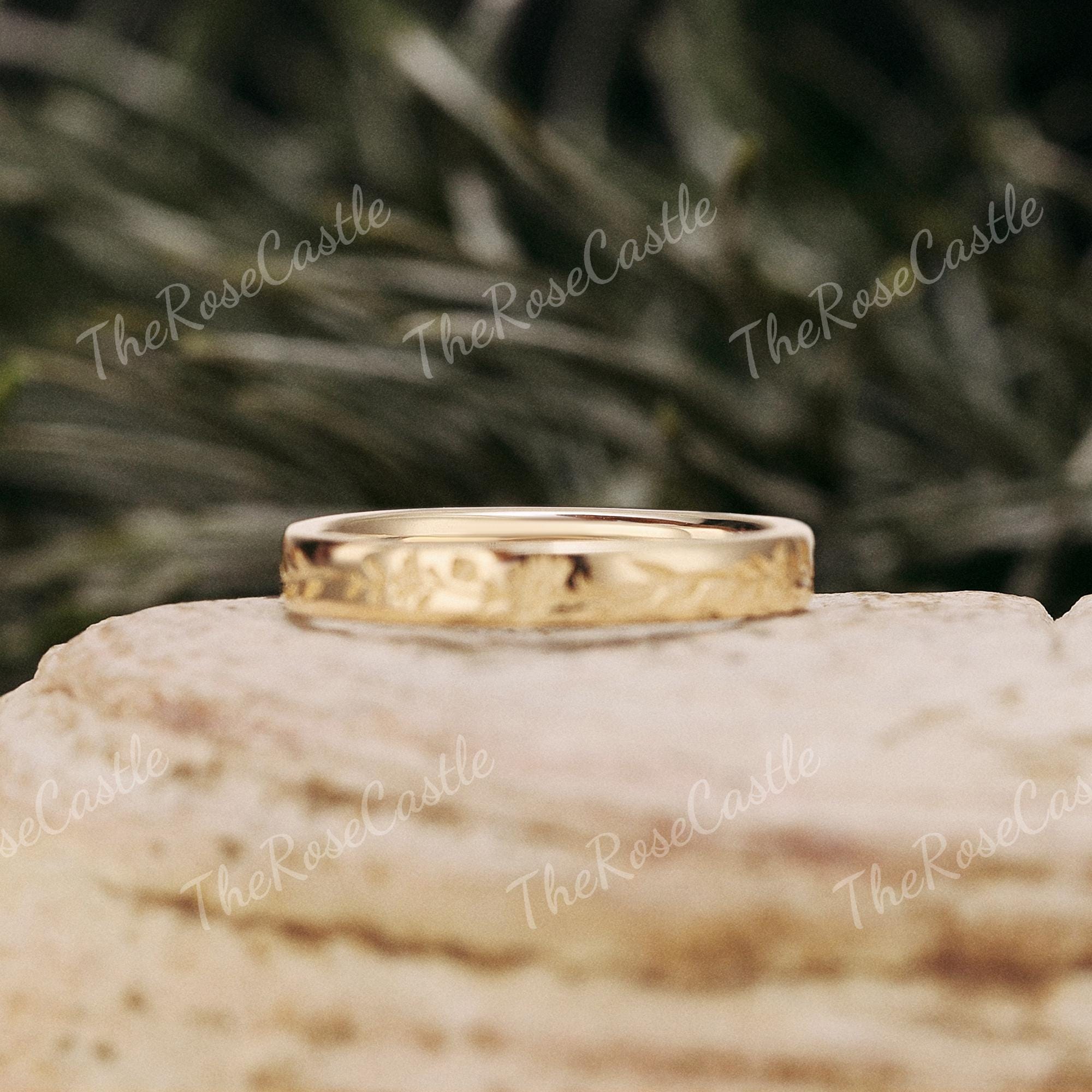 Hand-Engraved Birth Flower Wedding Band, 3mm Art Deco