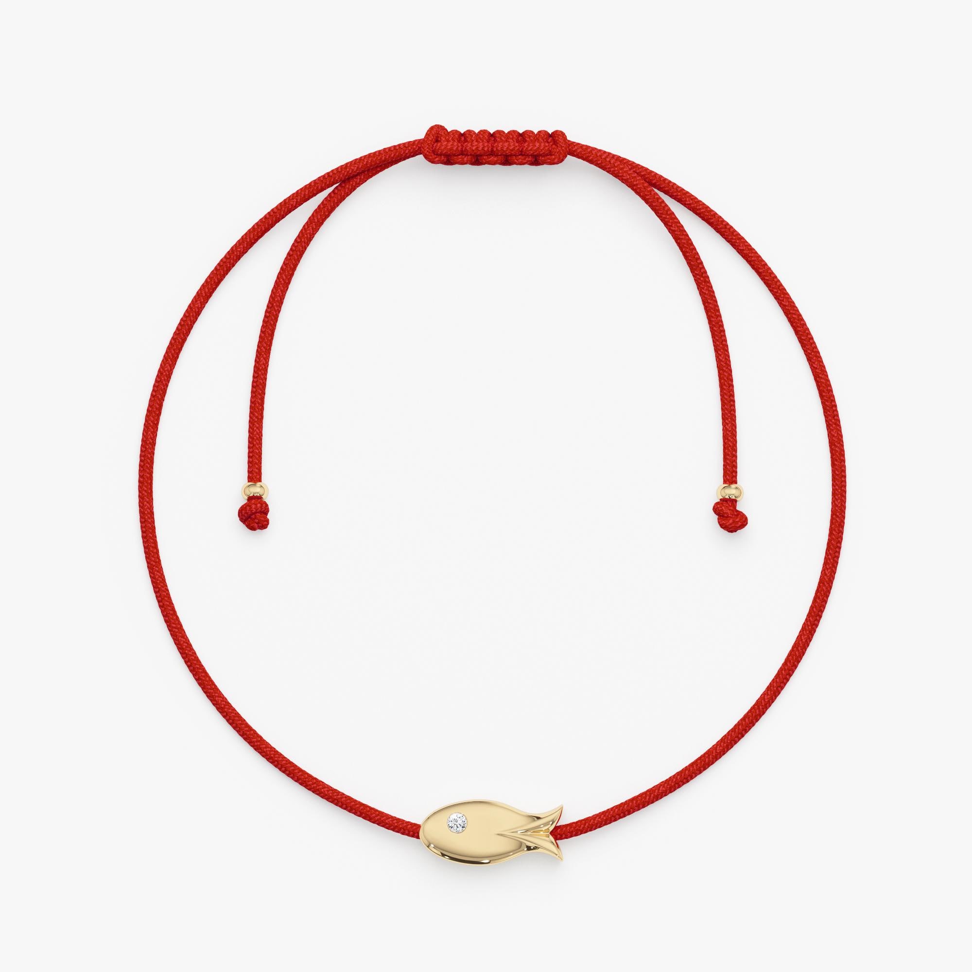 14K Solid Gold Fish Bracelet with Diamond Eye on Red Cord