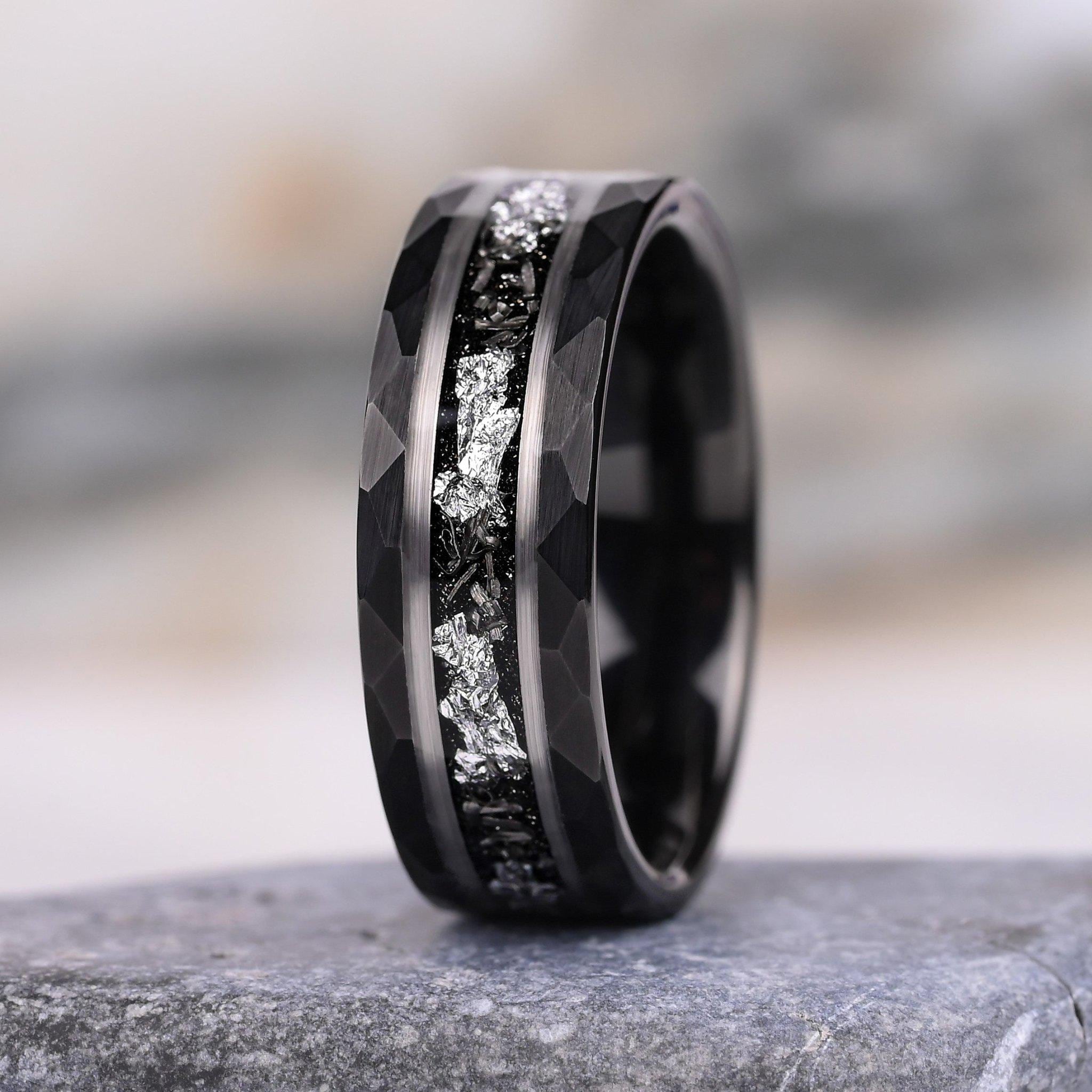 Black Tungsten Meteorite Band and Sterling Silver Salt and Pepper Ring Set