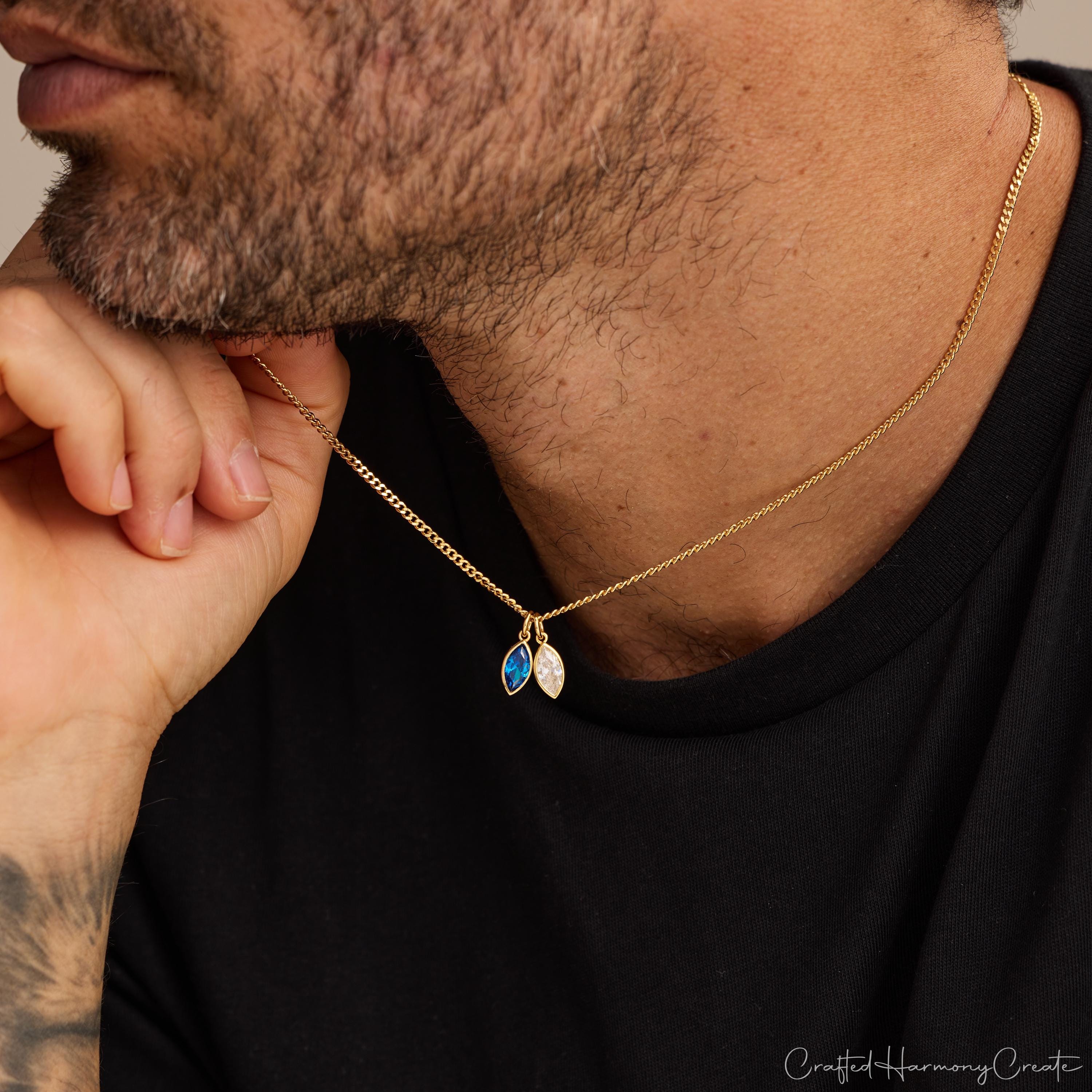 Custom Birthstone Necklace for Him with Leaf Pendant and Cubic Zirconia