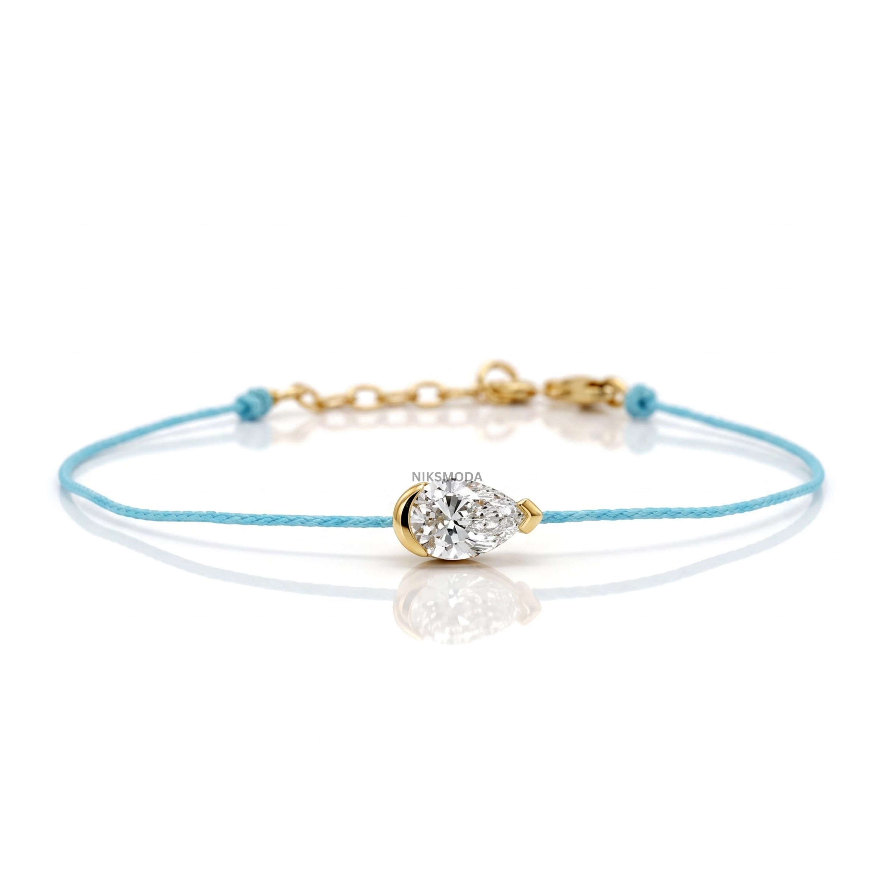 Pear Cut Lab Grown Diamond Bracelet in 925 Sterling Silver with Light Blue Cord