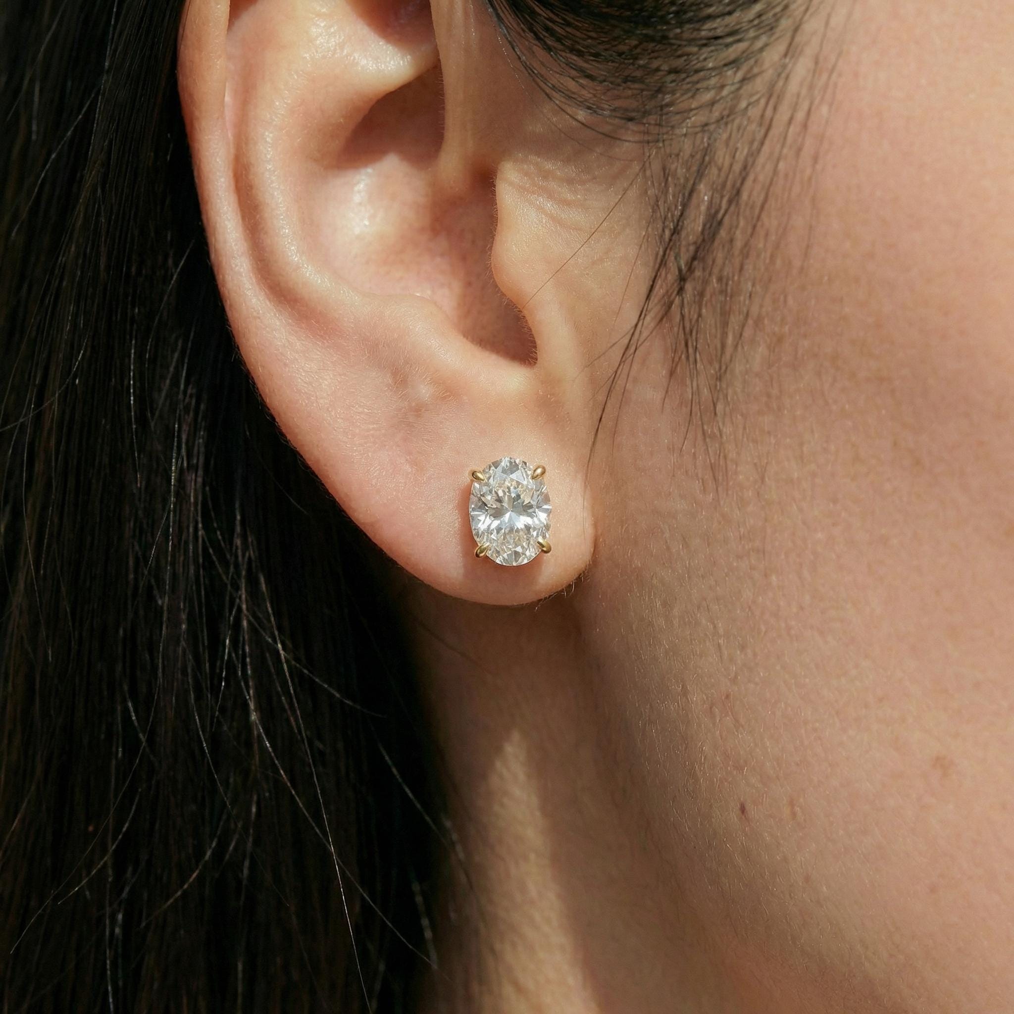 Oval Moissanite Stud Earrings in Sterling Silver or Solid Gold