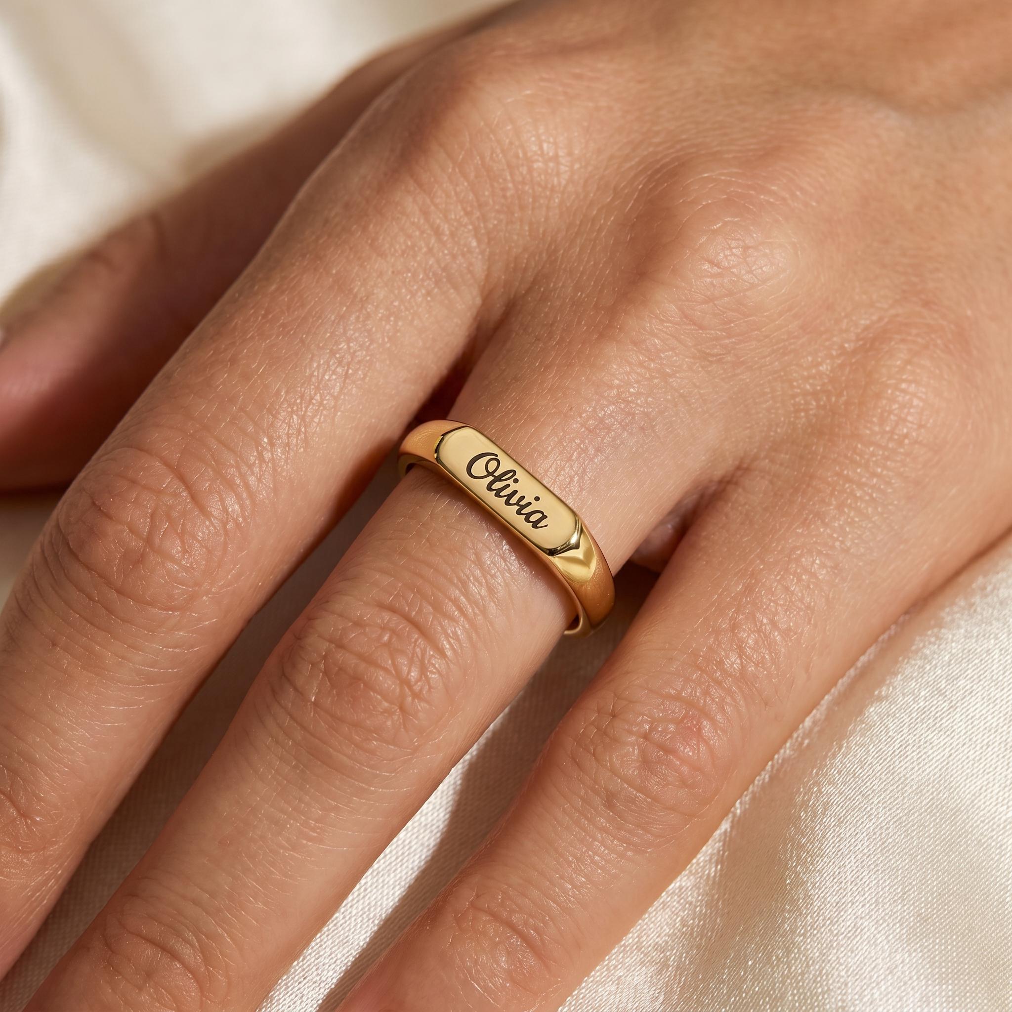 14K Solid Gold Engraved Bar Name Ring, Custom Signet Band