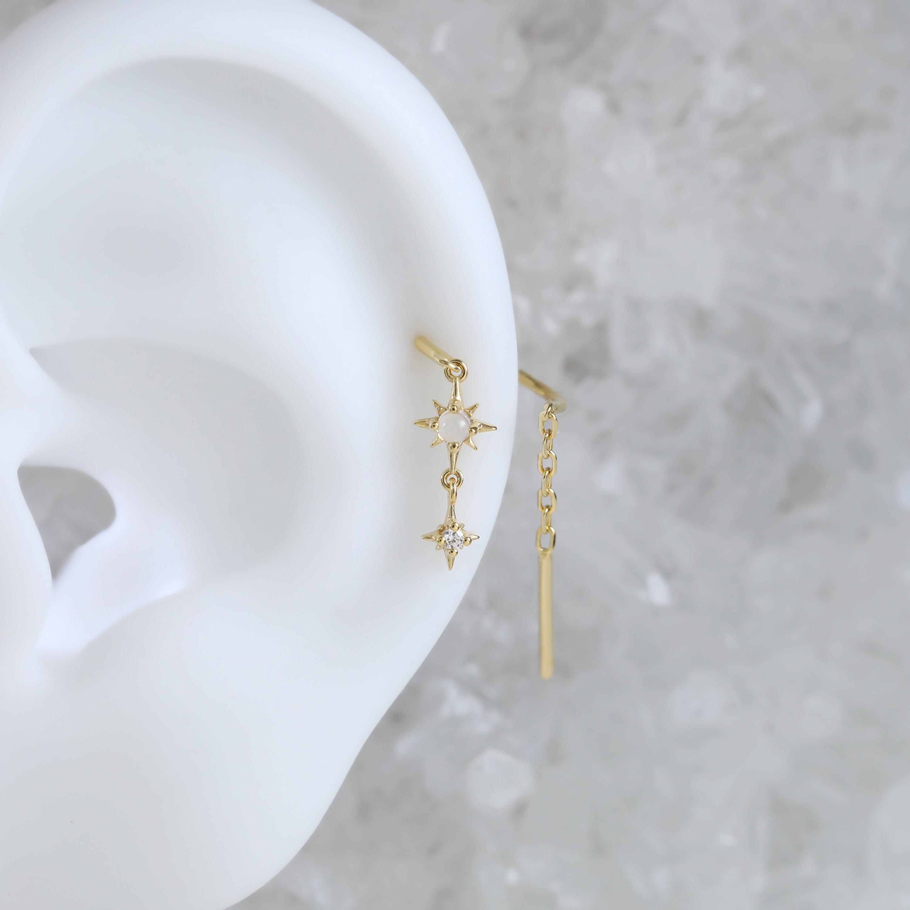14K Gold Plated Moonstone and Moissanite Star Threader Earring
