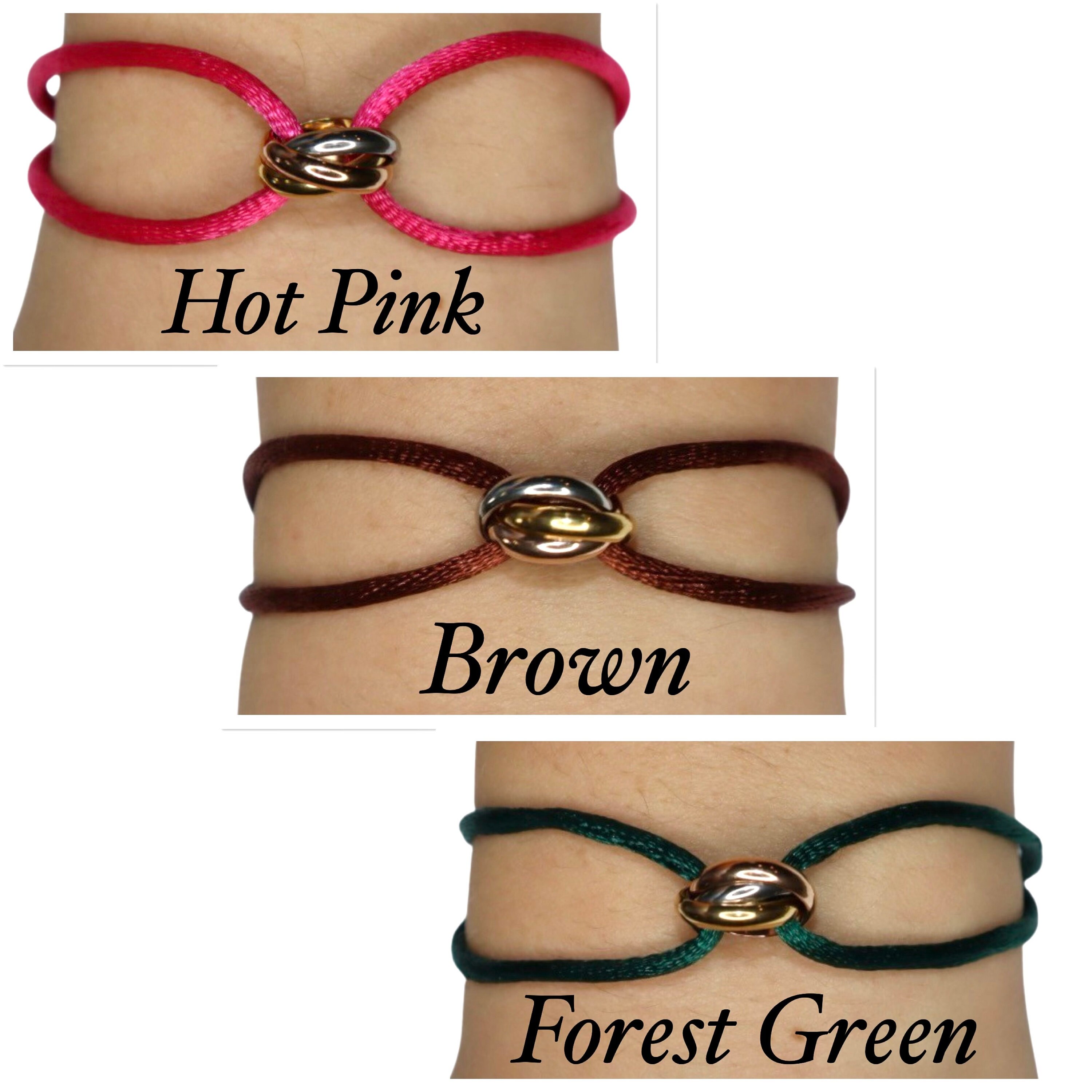 Adjustable Trinity Bracelet with Three Stainless Steel Rings on Silk Cord