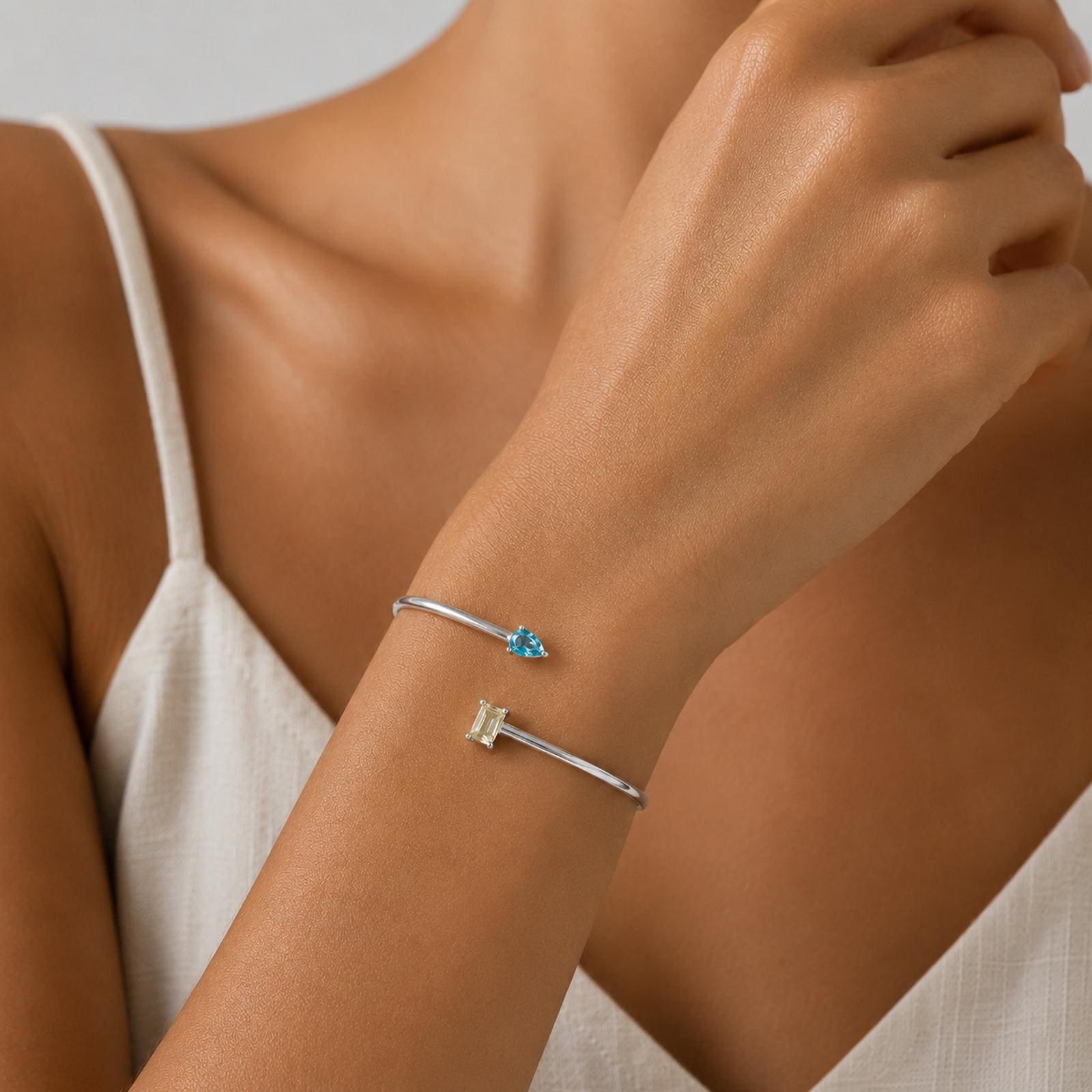 Personalized Double Birthstone Cuff Bangle with Inside Engraving