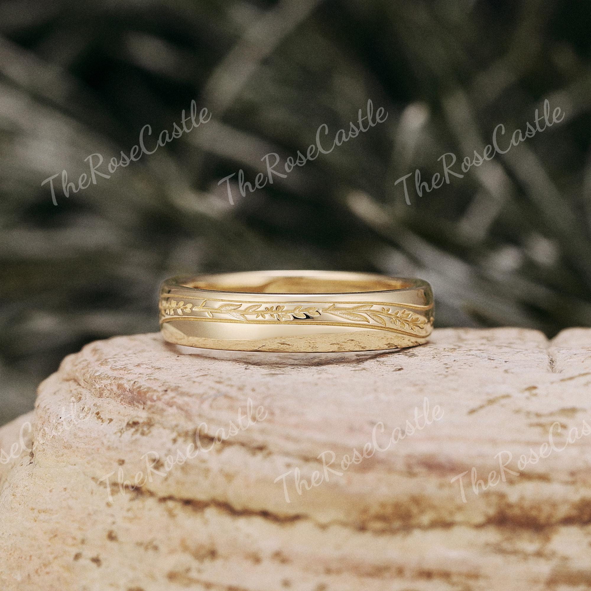 4.3mm Engraved Lavender Gold Wedding Band, Half Eternity Men's Ring