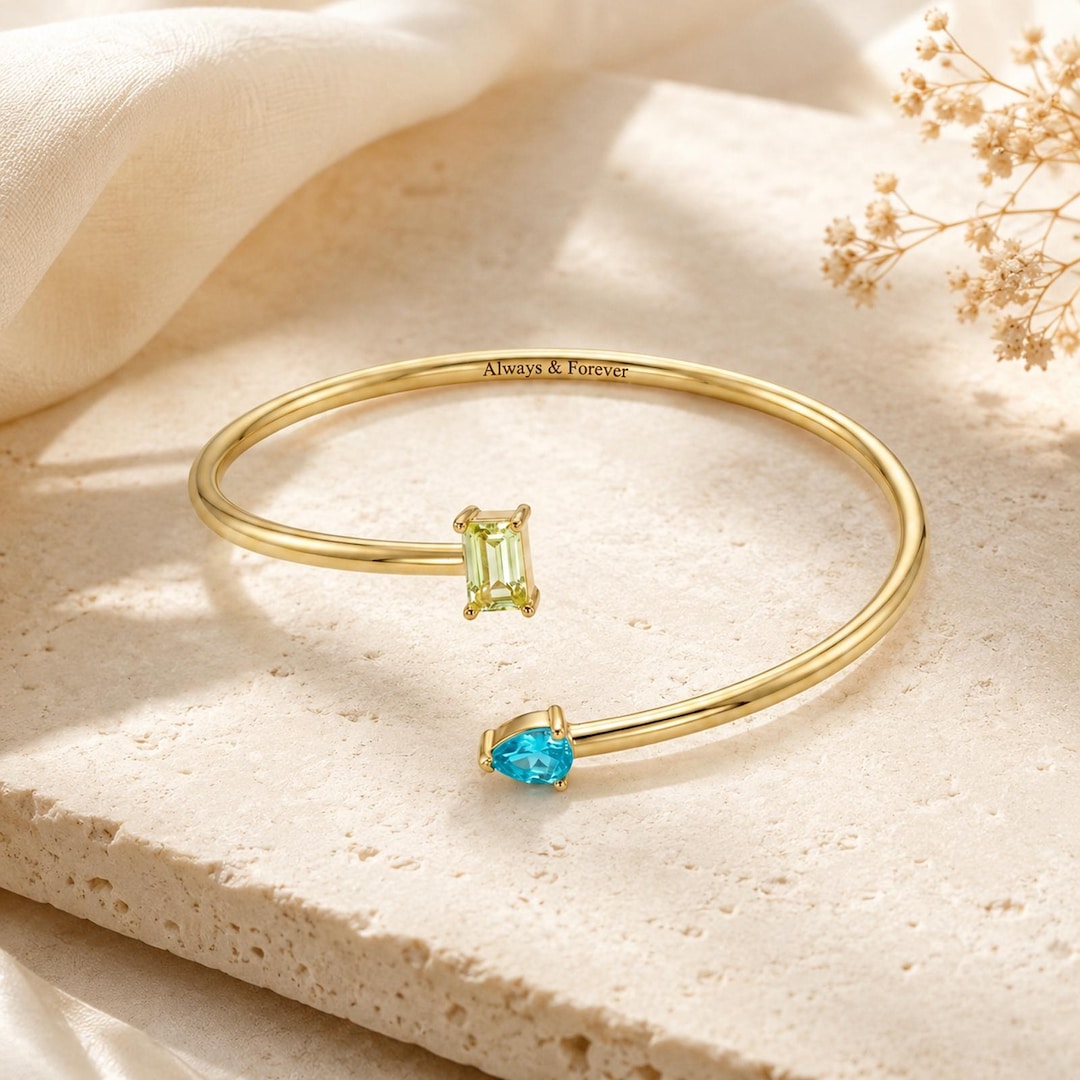 Personalized Double Birthstone Cuff Bangle with Inside Engraving