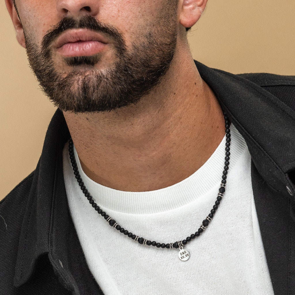 Black Onyx and Stainless Steel Beaded Necklace for Men