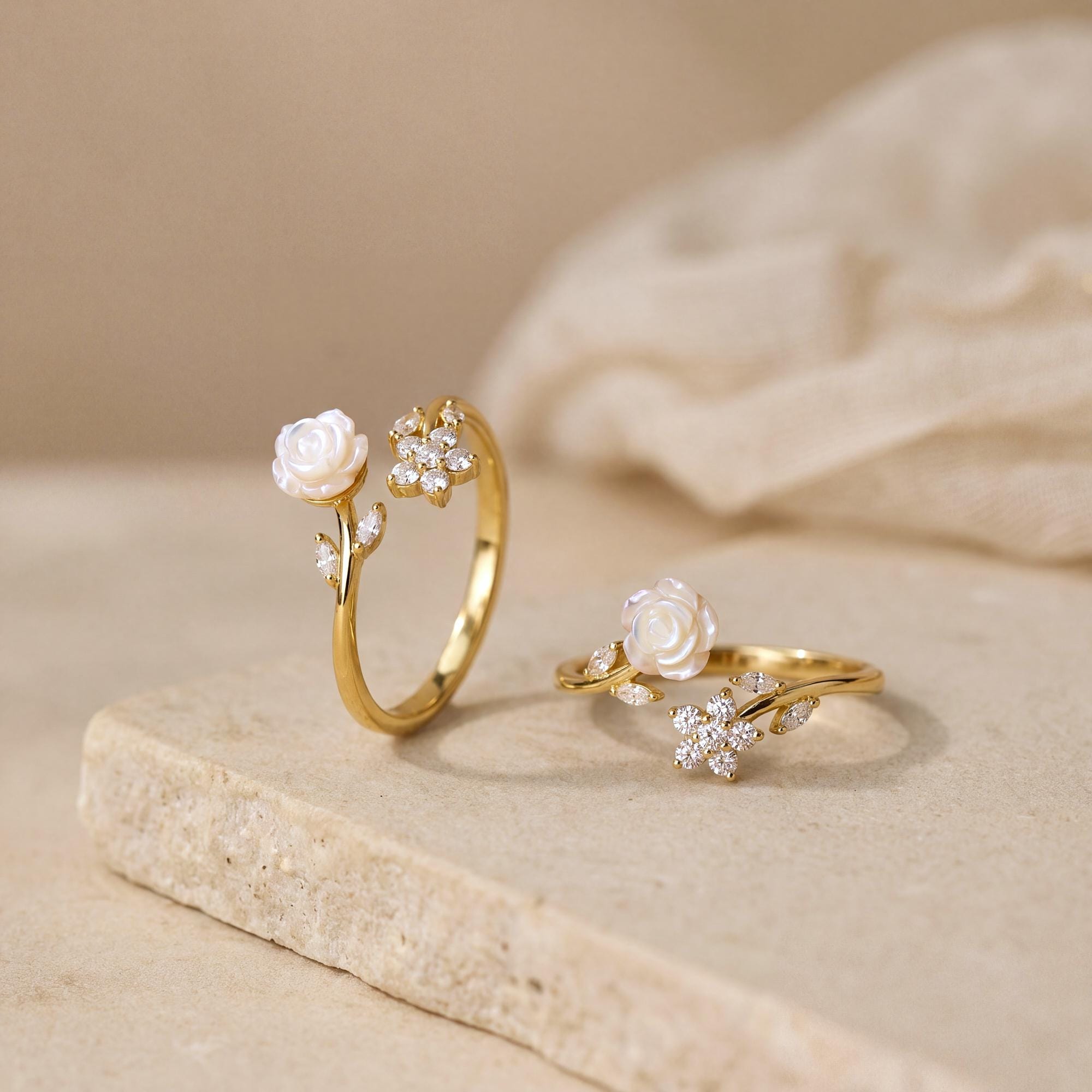 Gold Plated Camellia Flower Ring, Adjustable Open Floral Ring