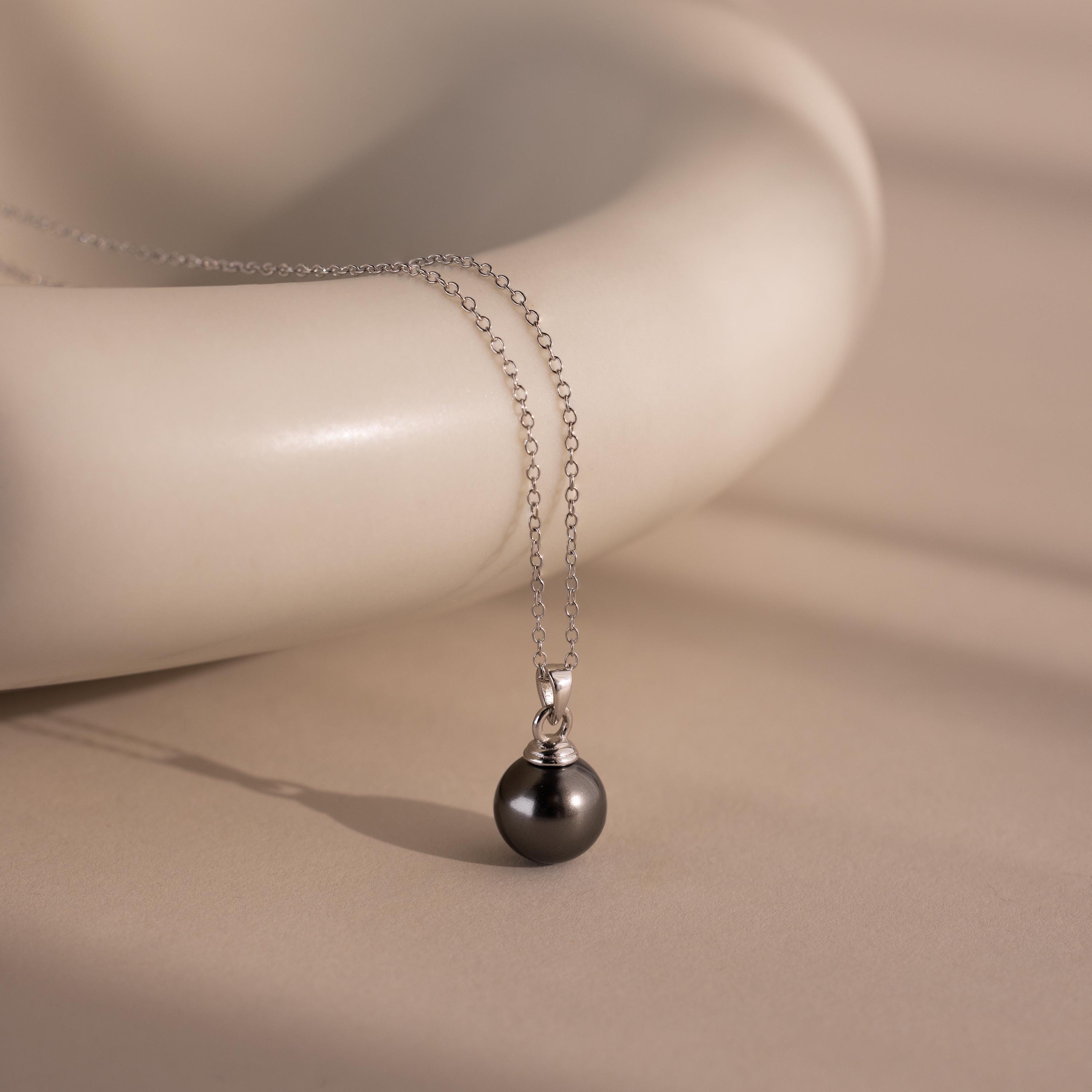 Black Pearl Drop Necklace in Sterling Silver, Adjustable Chain