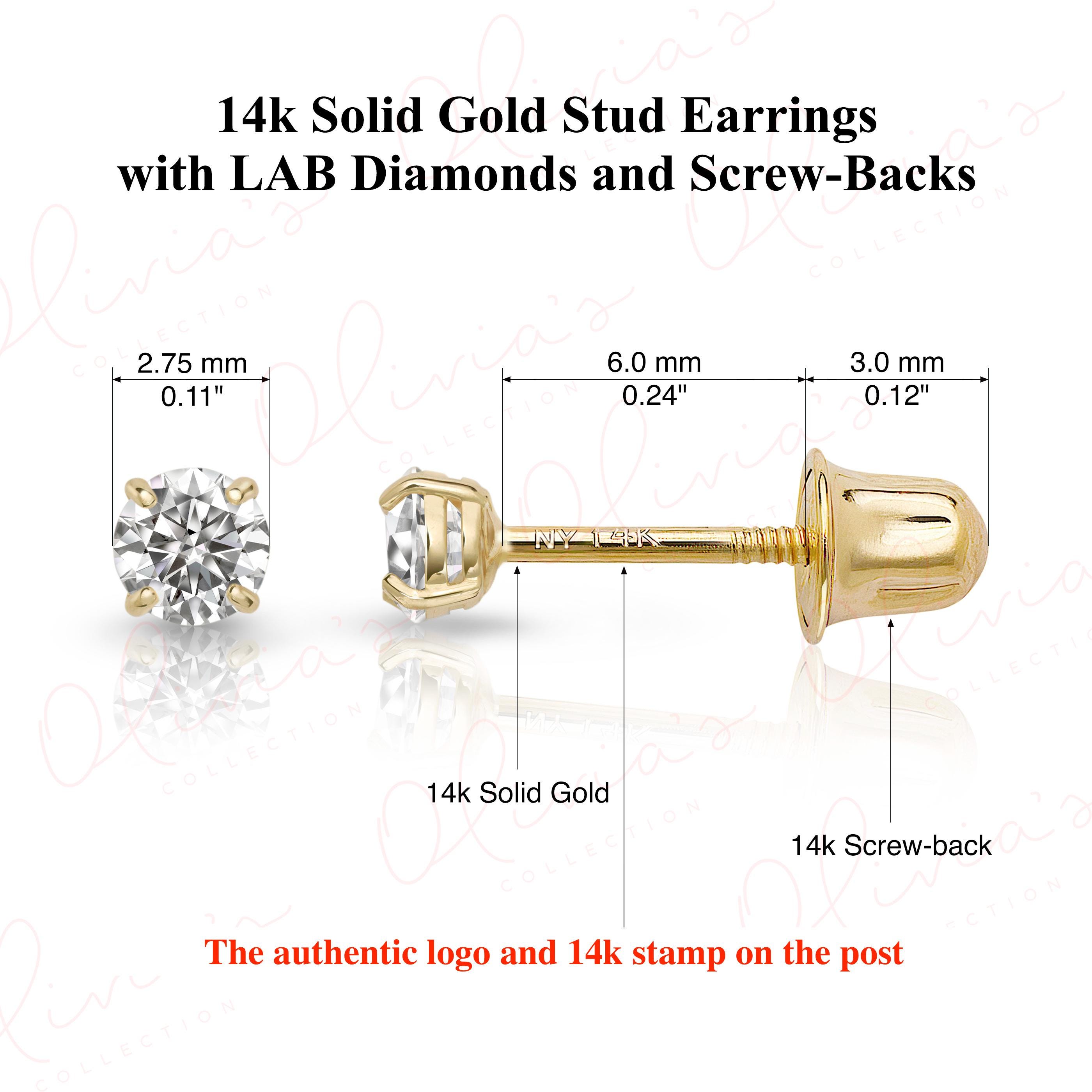 14K Solid Gold Lab-Grown Diamond Stud Earrings with Screw Backs, White or Yellow