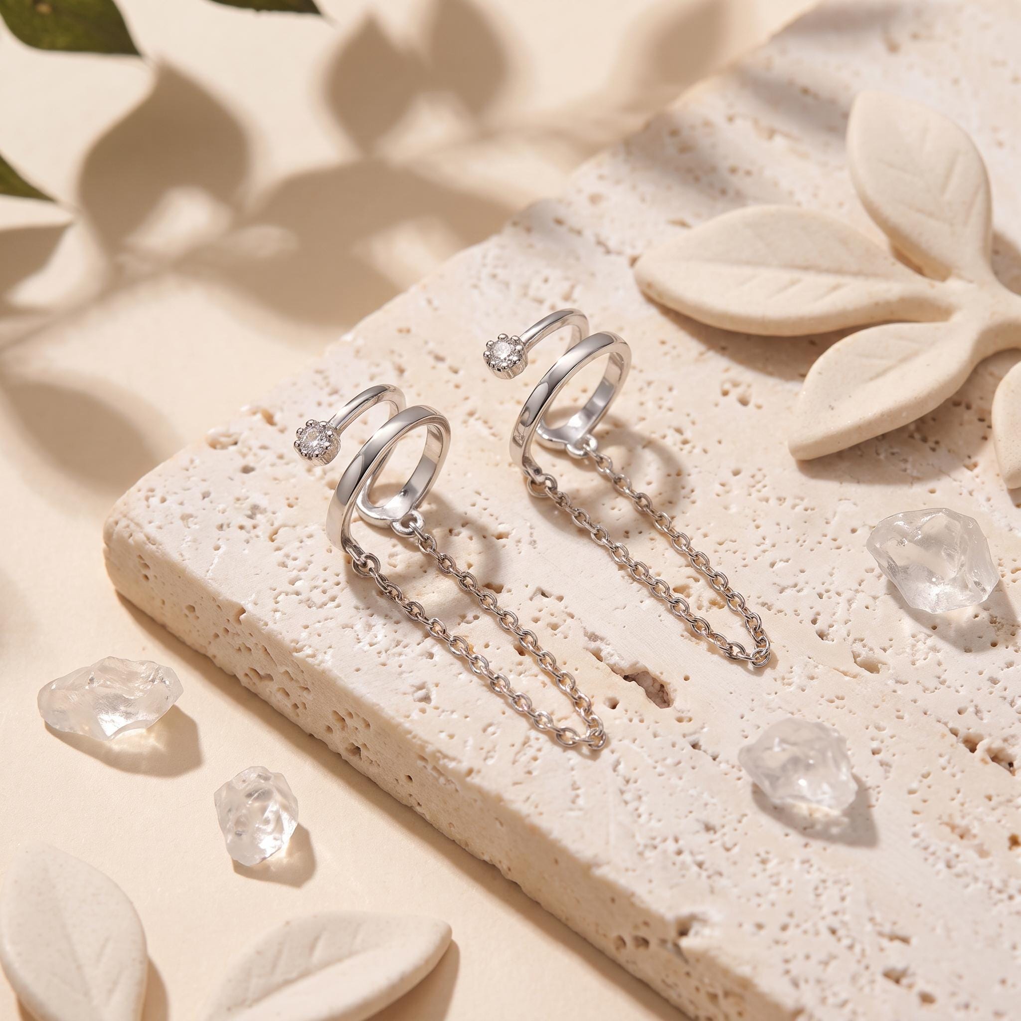 18K Gold Filled CZ Double Wrap Chain Ear Cuffs for Non Pierced Ears